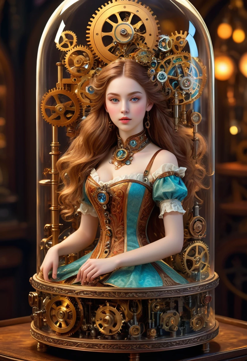 A mechanical girl inside a bottle, detailed mechanical parts, intricate gears and cogs, delicate mechanisms, enchanting facial features, elaborate costumes, vintage atmosphere, soft lighting, magically suspended in mid-air, antique glass display, steampunk style, whimsical and fantastical, vibrant color tones, fine craftsmanship, high-res illustrations, masterful attention to detail, ethereal and otherworldly, intricate clockwork, dynamic pose, captivating eyes, porcelain skin, long flowing hair, exuding a sense of mystery and elegance. (best quality, 4k, highres, masterpiece:1.2), ultra-detailed, photorealistic:1.37, HDR, studio lighting, bokeh.