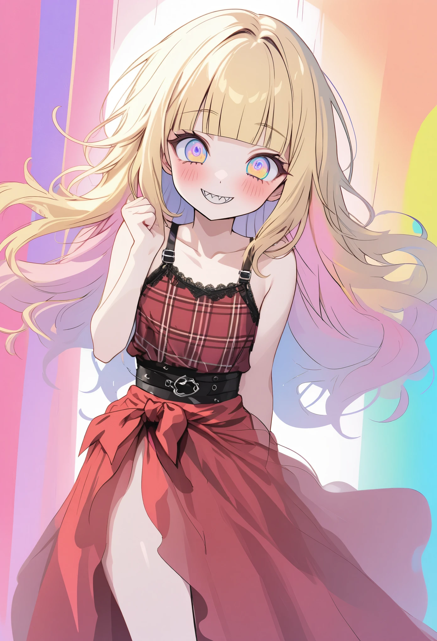 ((Masterpiece)), ((best quality)), (cowboy shot), (Rough sketch:1.4), (High Definition:1.3), (Professional Photography:1.3), ((12 years old)), (❤️🖤💗💔), cute young Girl, Glossy unruly hair, (loose blunt bangs), blonde hair with red mesh, (red mesh hair), long hair, big eyes, (long eyelashes), ((jagged teeth)), colorful eyes, (Unfocused eyes), blush, ((sad smile)), open mouth, ribbon belt, joy, (cute Plaid tanktop), barearms, ((Wearing long sarong skirt)), cute, (🤘🤘:1.3), gothic makeup, BREAK, ((best quality)), 🔪, (colorful:1.3), ((against the Colorful pastel wall)), 8K, gothic artstyle,