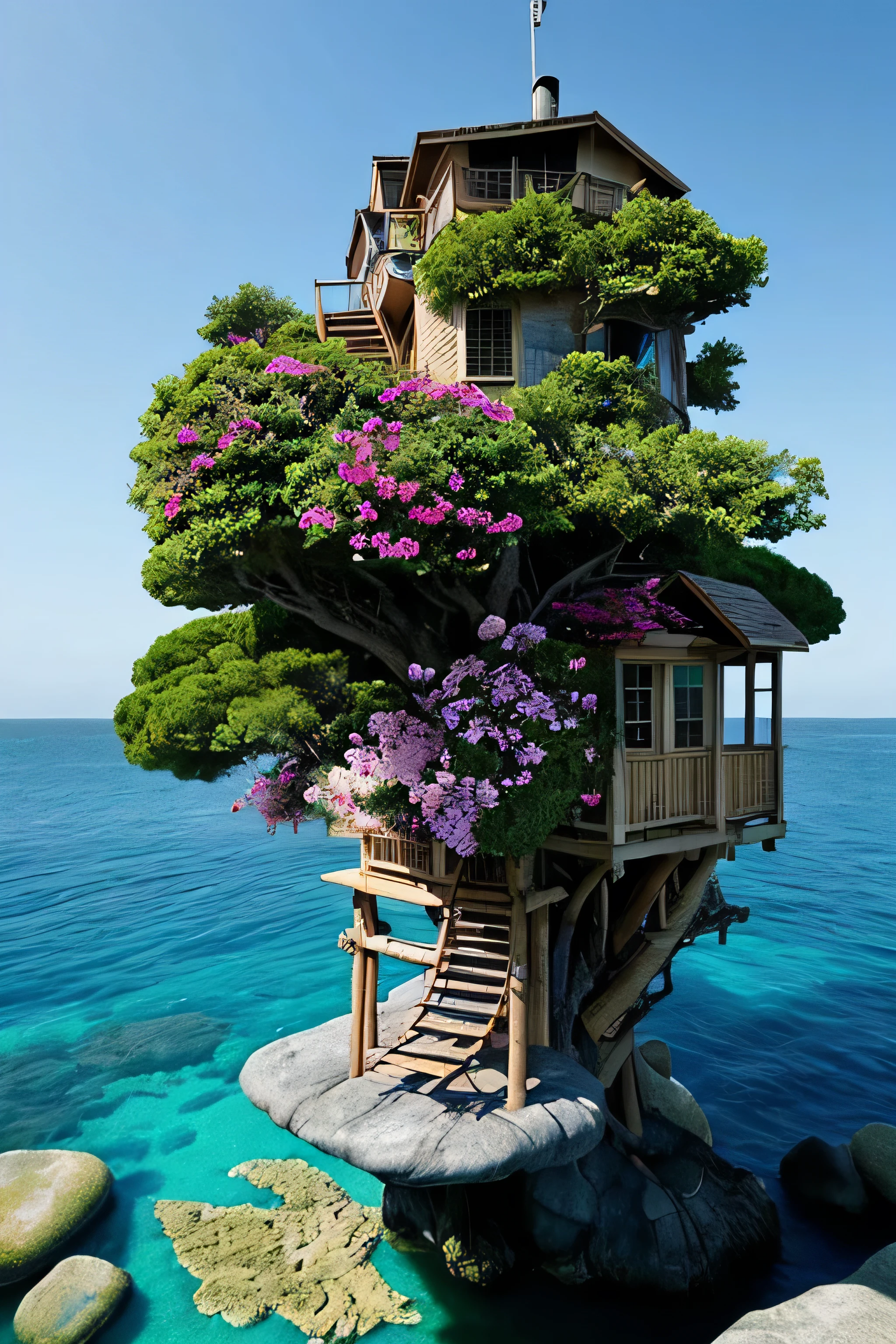 Perfection The Coolest tree house on a large rock in the middle of the sea with flowers in front of the house and trees on both sides of the house