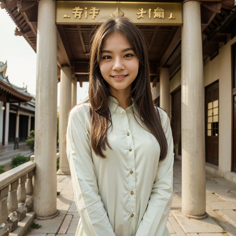 Asian white woman, early twenties, light green eyes, light brown straight hair, slim, smiling, temple background, modest clothing