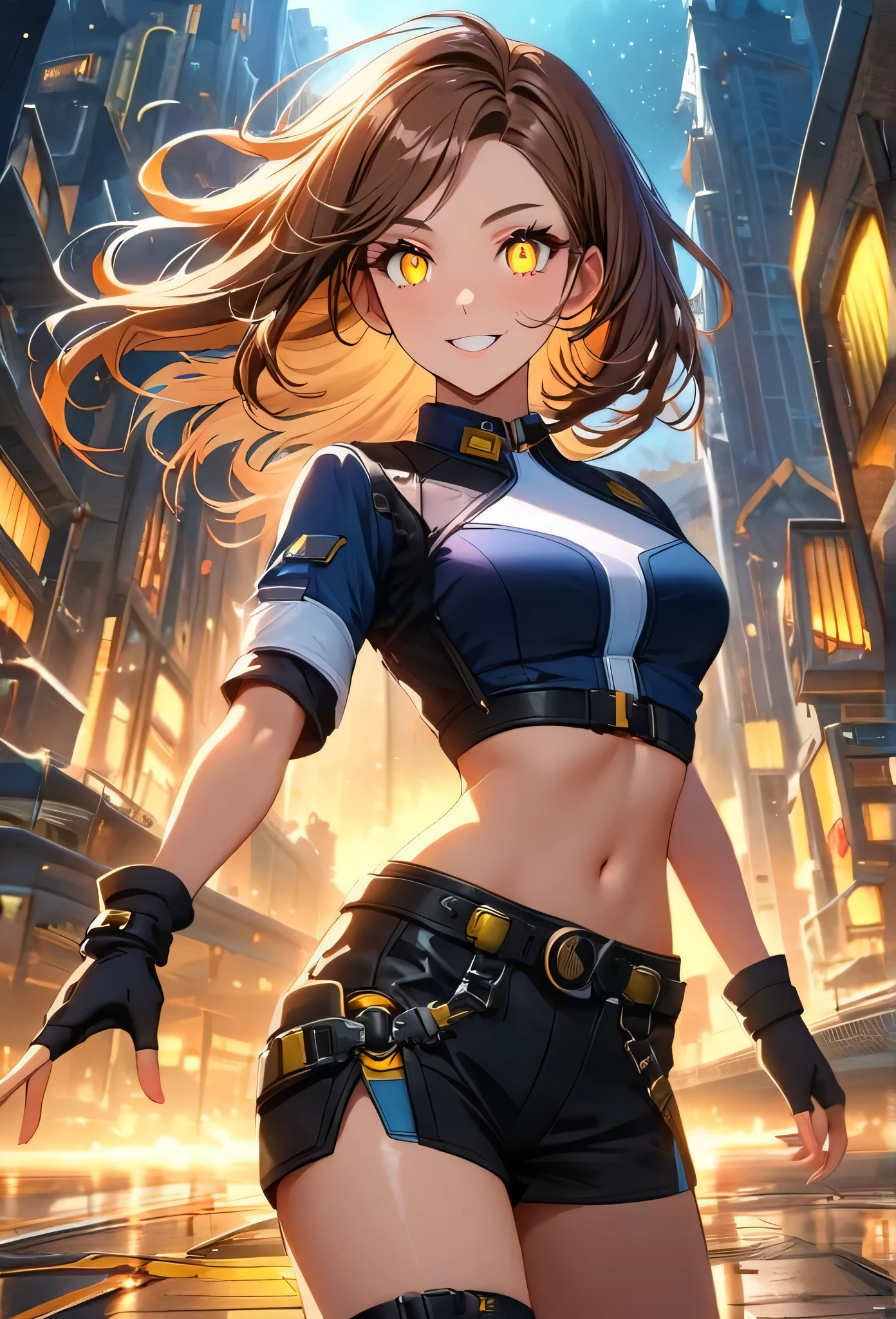 short and dinamic hair, gorgeous woman, brown hair ,yellow glowing eyes, perfect lips, elegant smile , confident smile, standing, cute expression, cute face, fingerless gloves, gun, cropped shirt, elegant pose, ultra detailed face, long eyelashes, sharp eyes , Fullbody shot, night sky , dinamic point of view, diferents point of view, top of building