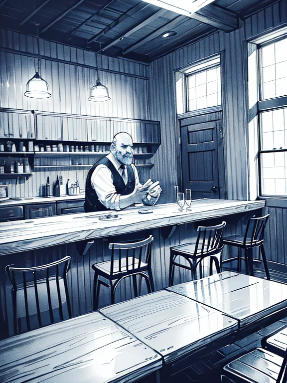 The Tavern has a common room, напоминающий средненькое кафе-бар конца постсоветских 90-х. The walls are lined with shabby, but decent enough plywood panels, along them there are several tables for four, covered with checkered tablecloths, a raucous black-and-white TV on a well-worn nightstand in the corner, a quietly creaking ceiling fan and the main attraction - a long bar counter with a colorful bartender, looks like an aged Valuev. Dim lighting creates a pleasant, relaxing atmosphere, blues is playing softly from somewhere. 