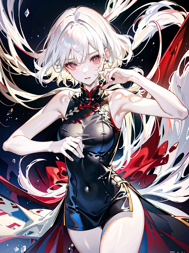 absurdres, RAW photo, extremely delicate and beautiful, masterpiece, Best Quality, ultra high resolution, 32k, hyperrealistic, ultra-detailed, perfect anatomy, anatomically correct, perfect figure, super Detailed skin, pale skin, 20 years old, very Slim body, narrow waist, very small head, very small face, delicate facial features, detailed face, detailed eyes, tearful mole, earring, thin legs, bare legs, (very huge round breasts), short medium hair, ((wavy hair)), wet clothes, (red and black cheongsam), sleeveless, White blonde hair,
