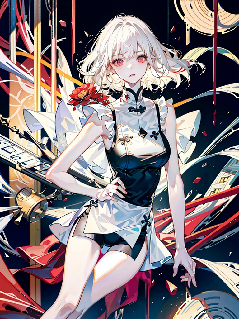 absurdres, RAW photo, extremely delicate and beautiful, masterpiece, Best Quality, ultra high resolution, 32k, hyperrealistic, ultra-detailed, perfect anatomy, anatomically correct, perfect figure, super Detailed skin, pale skin, 20 years old, very Slim body, narrow waist, very small head, very small face, delicate facial features, detailed face, detailed eyes, tearful mole, earring, thin legs, bare legs, (very huge round breasts), short medium hair, ((wavy hair)), wet clothes, (red and black cheongsam), sleeveless, White blonde hair,