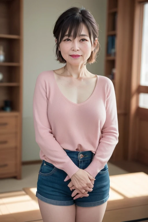 ((Japanese Mature)), ((55 years old:1.4)), ((old woman:1.3)), (((Small breasts))), Beautiful breasts, Detailed eyes and face, Long eyelashes, Beautiful Lips, Feel the warmth and elegance, There are fine wrinkles, A light smile, Mystical Eyes, Expressive eyes, Beautiful Skin, A look full of experience and knowledge, A graceful and confident demeanor, sweater, Shorts, Beautiful hair ornaments, Pale pink cheeks, Soft Light, Pale pink walls, High quality photos, Vibrant colors, Bokeh effect, Delicate depiction, whole body, short hair, Low Ponytail, Pink lipstick,