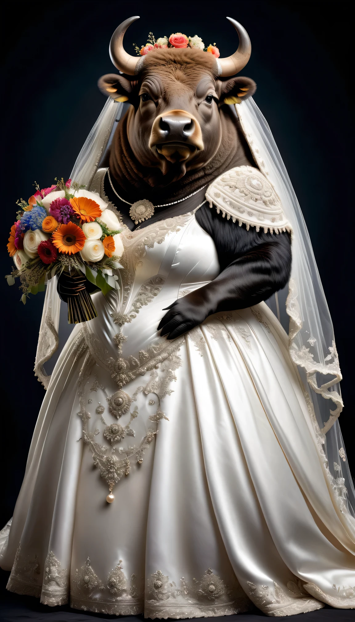 photorealistic portrait of Dressed animals - a ((fat)) buffalo bride,(elegant pose),(closed mouth),(furry), high quality,(lovely) ,intricate details, highly detailed (gothic wedding dress)),wearing opera globes ,wearing highly detailed veil, highly detailed decorations ,holding flower bouquet, (happy), studio lighting,(full body image:2.0)