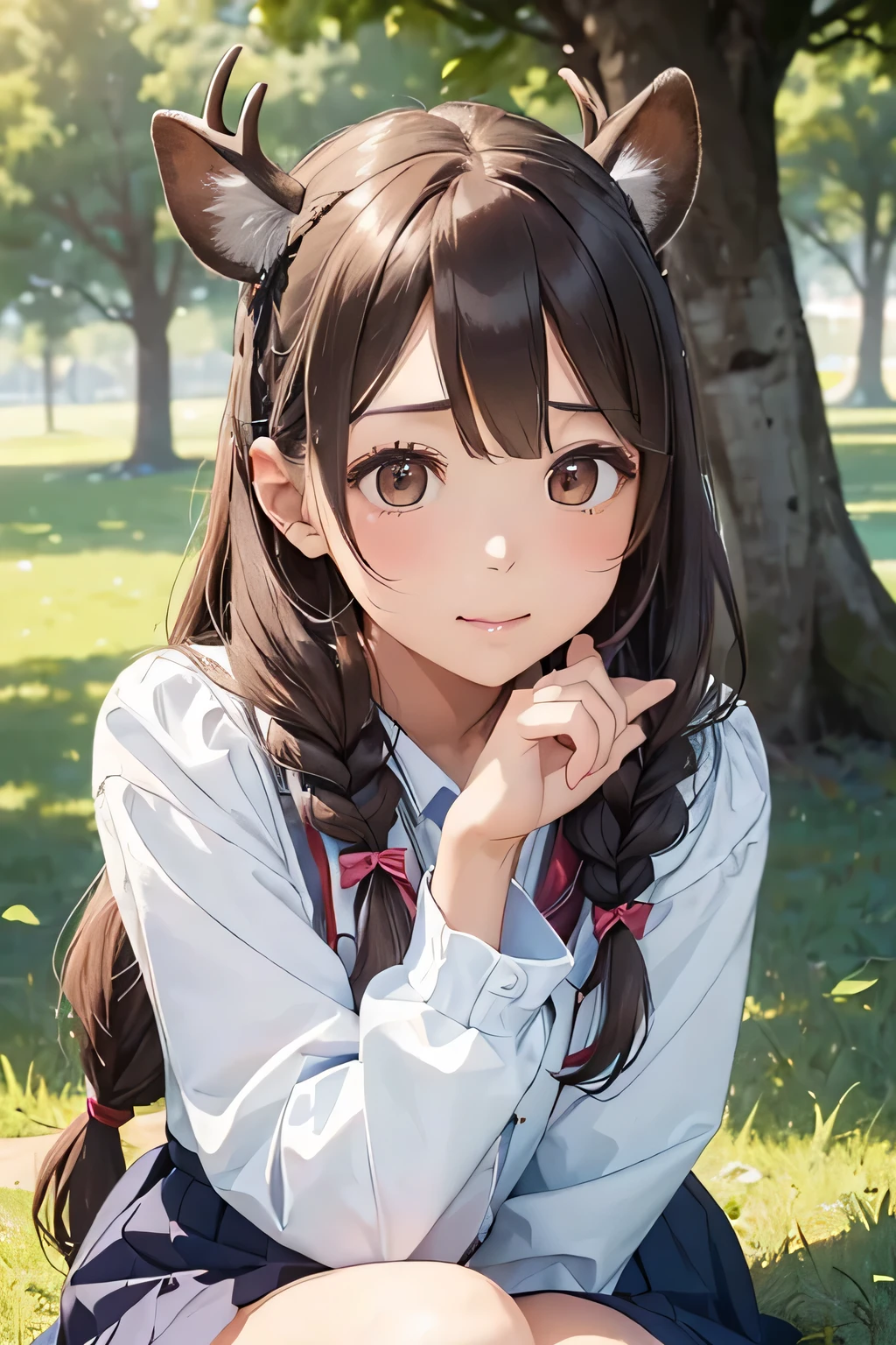 highest quality、High resolution、Detailed Background、(Beautiful face in every detail:1.4)、Anatomically correct、(Draw the usual number of fingers:1.2)、(Detailed facial expressions)、(Detailed eyes:1.2)、(Detailed eyes:1.2)、Beautiful, smooth skin、Teenage beauty、(Highly detailed face:1.4)、Brown Hair、Black Hair、Braided Bob、Braided Ponytail、Braided long hair、Wavy Hairstyle、well-groomed eyebrows、Perfect body line、White Sailor Suit、Light blue sailor collar、Checkered pleated skirt、School Cardigan、White Stockings、School trip、Nara Park、Feel in harmony with nature、In a joking manner、A big smile、

(Three beautiful girls taking a selfie with a deer in the background at Nara Park:1.5)、

Deer eating deer crackers and receiving food from the hand、
Posing with the deer with your friends will bring lots of smiles to your photos.、
Stretching out your hands with the deer and sitting side by side with them、
A deer comes up to me and strokes my head.。
The two of them are surrounded by deer and are petting each other&#39;s heads.、
A walk with deer in the natural surroundings of Nara Park、
Walking with deer and interacting with them in nature、cute