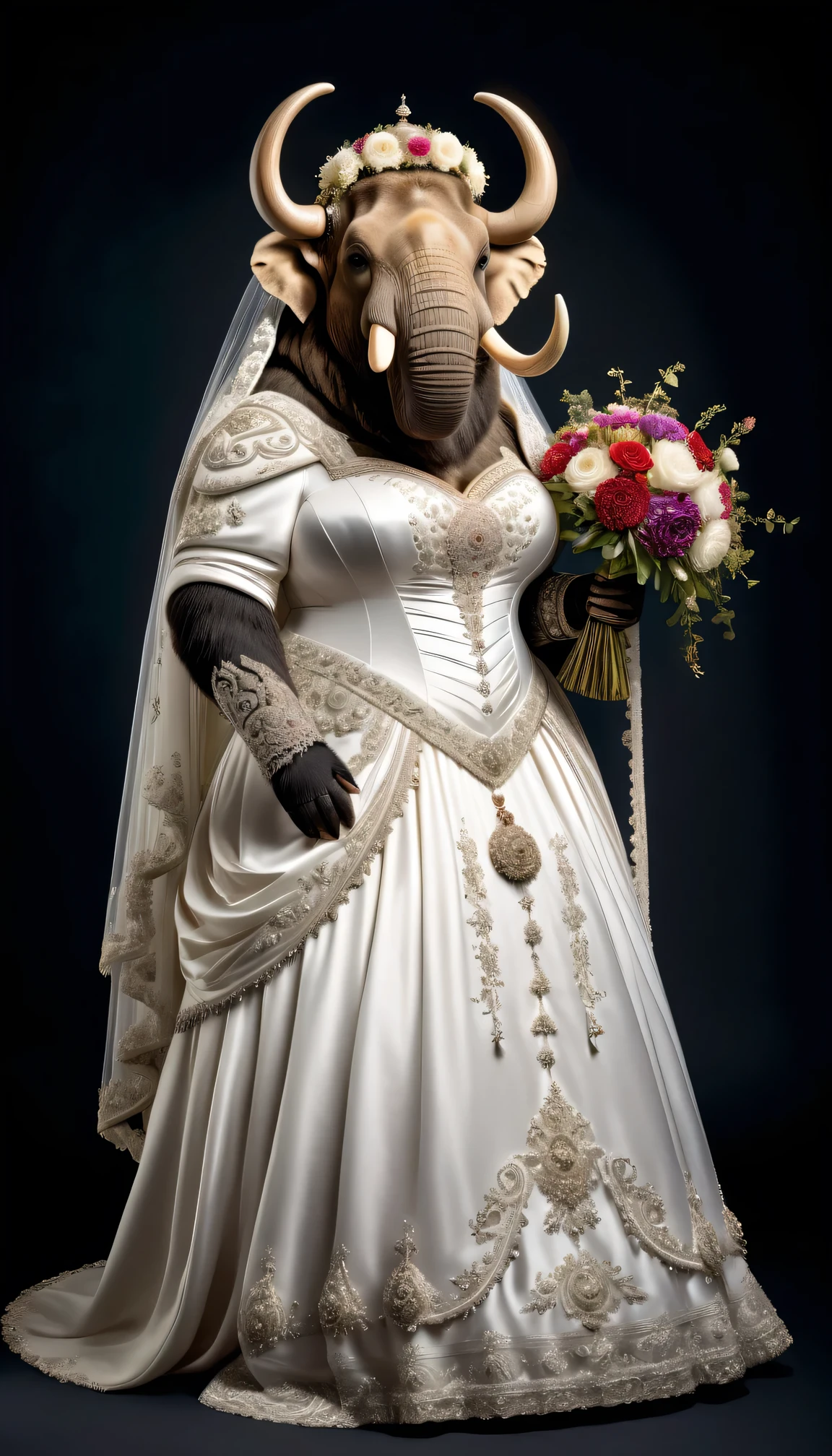 photorealistic portrait of Dressed animals - a ((fat)) mammoth bride,(elegant pose),(closed mouth),(furry), high quality,(lovely) ,intricate details, highly detailed (gothic wedding dress)),wearing opera globes ,wearing highly detailed veil, highly detailed decorations ,holding flower bouquet, (happy), studio lighting,(full body image:2.0)