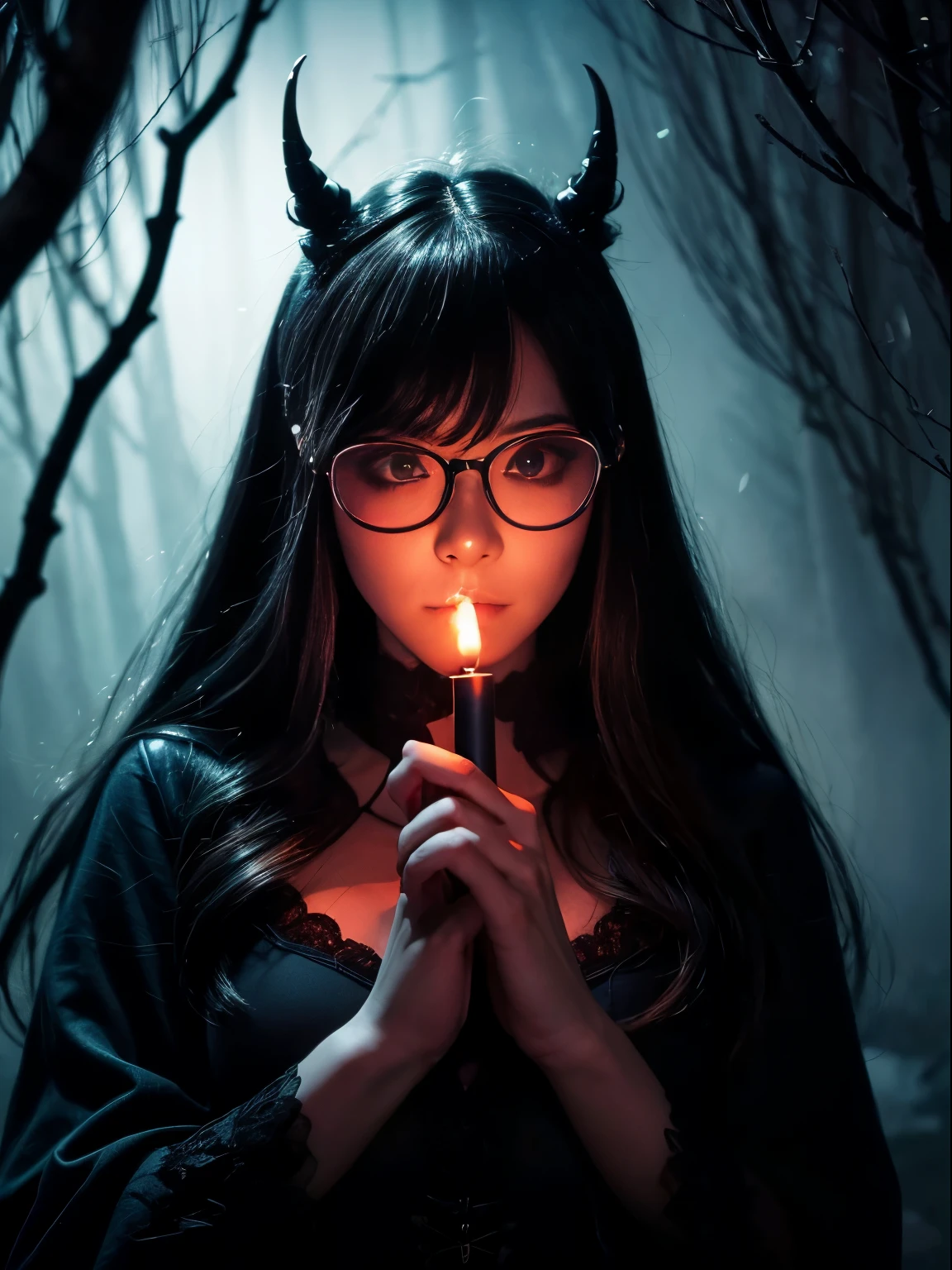 Dark Fantastic Night , Behind me is a big, scary castle , Lots of bats , big, red, Fantastic Moon , Some cliffs , 2. A cave far from the cliff , Some stones , Broken pillars , There are many magical glowing stones around her , A dragon in the far distance of the dark sky, horror scene , Beautiful devil woman , Red magical very bright eyes , A small magical sphere glowing red in both hands at the same time , Female devil gazing at an orb , Dark Big Wing , Very detailed顔 , ((((Huge glasses, Nerd Glasses, thick glasses, Round Glasses))))、(((Big Breasts)))、(Ultra-detailed scenes) , (Ultra-detailed orbs) , (Super beautiful face) 、(highest quality,High resolution:1.2),(dark,Threatening:1.1),(Bad luckな:1.1),(devil,Satan,Lucifer:1.1),(devilish:1.1) highest quality, Very detailed, Realistic, Portraiture, Dark and spooky atmosphere, Glowing Eyes, spiritual being, Unforgettably beautiful, Ghostly figures, Swirling Mist, Supernatural existence, The nature of the devil, Shadow-like shape, Spooky whispers, Ominous Aura, Eerie pale skin, Dark and twisted branches, Flickering candle light, Spooky elements, Mysterious and enigmatic, Spectral emergence, Gothic art style, attractive, Spectral range, Extremely depressed, Otherworldly beauty, Mysterious glow, Unforgettably&#39;Don't forget, Cold atmosphere, Spooky and ominous lighting.,(Bad luck,Bad luckな:1.1),(Powerful figure:1.1、Big Breasts、Glasses) 、 ((((Huge glasses, Nerd Glasses, thick glasses, Round Glasses)))),(((Big Breasts)))、(devil&#39;tail)、(Red eyes glow:1.6)、(redくGlowing Eyes,Sharp teeth:1.1),(Black wings,thick,shabby:1.1),(hellish landscape:1.1),(fire,sulfur:1.1),(Threatening atmosphere:1.1),(dark shadows,Threatening presence:1.1),(Bad luck clouds,Stormy Skies:1.1),(dark,Spooky atmosphere:1.1),(Bad luck aura,Evil energy:1.1),(dark aura,cigarette:1.1),(Extreme heat,Burning Flames:1.1),(Surreal,Nightmare Visions:1.1),(Ultra-detailed Moon) , (Ultra-detailed castle) , (Ultra-precision needles) , (Very detailed wings) Blood spl