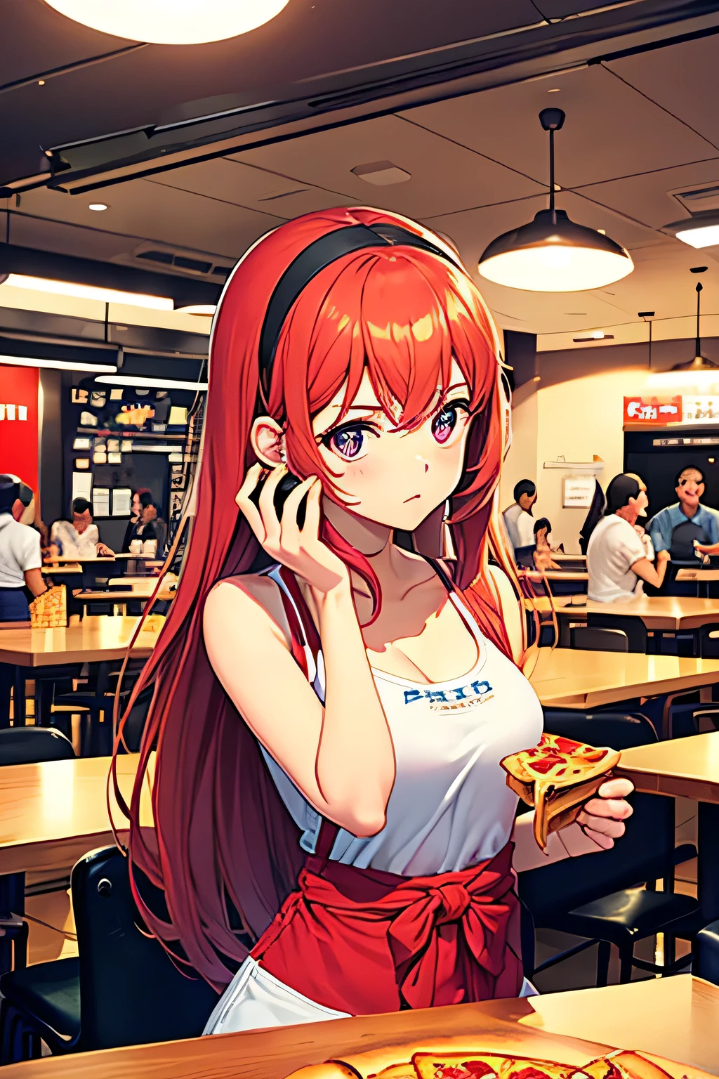 the pizza is in my head inside a cafeteria, utilizando la regla de los 3 tercios de fotografia para colocar al personaje, chica comiendo pizza medio cuerpo