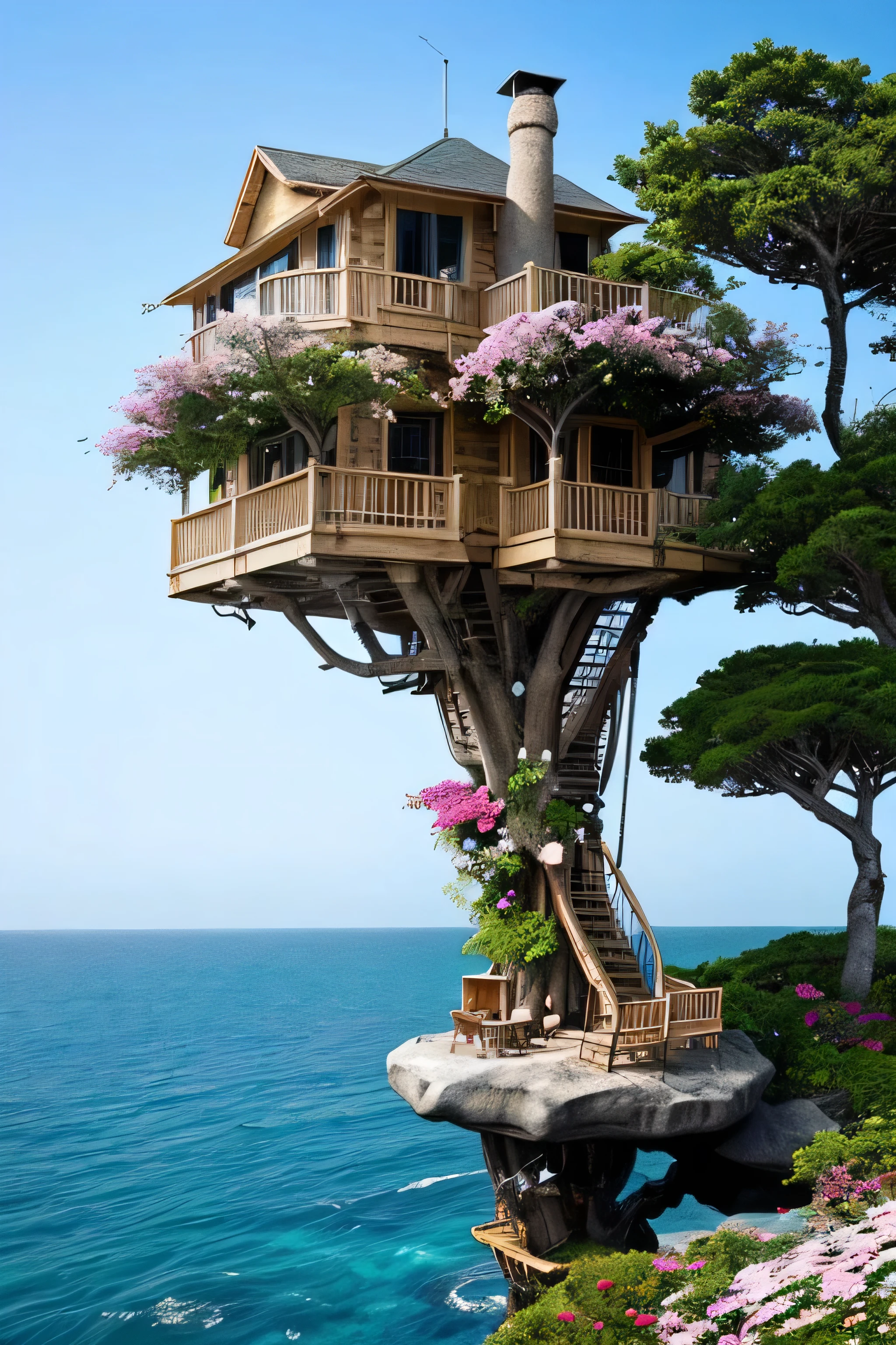 Perfection The Coolest tree house on a large rock in the middle of the sea with flowers in front of the house and trees on both sides of the house