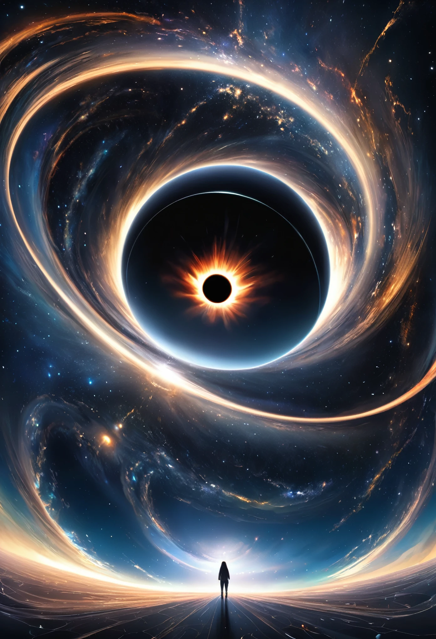 ((realistic simulation of a black hole))Parallel universe that stretches infinitely forward and infinitely backward, expansive singularity, infinite towards the past and infinite towards the future, curved space time, orisonte of events, moment of time, shocking, impressive, epic, impossible images, masterpiece of creation
