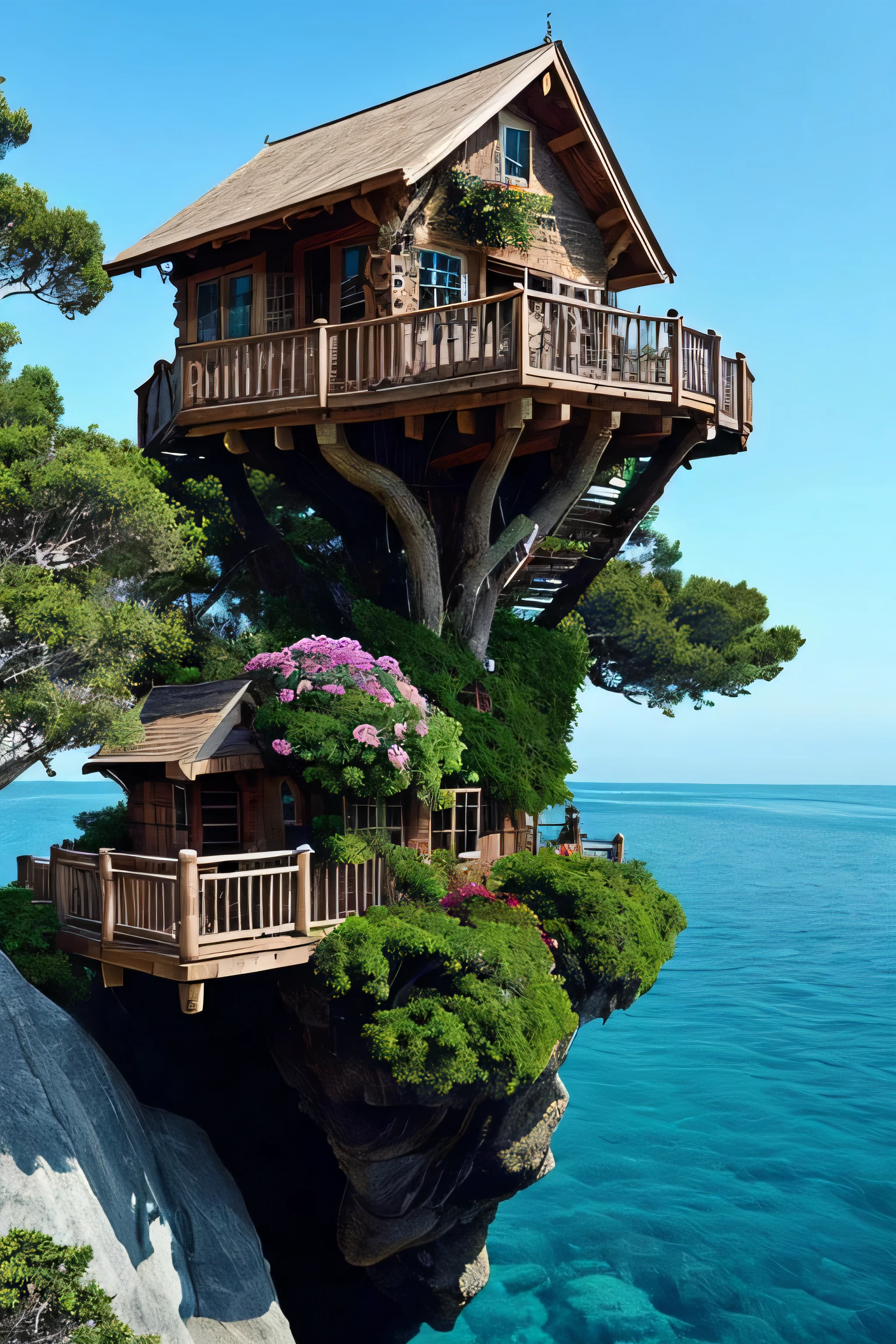 Perfection The Coolest tree house on a large rock in the middle of the sea with flowers in front of the house and trees on both sides of the house
