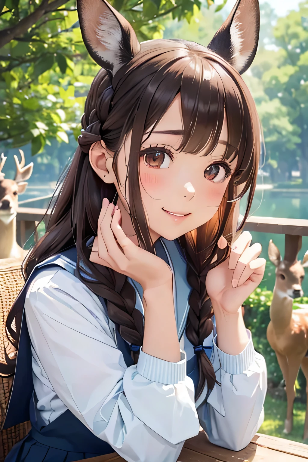 highest quality、High resolution、Detailed Background、(Beautiful face in every detail:1.4)、Anatomically correct、(Draw the usual number of fingers:1.2)、(Detailed facial expressions)、(Detailed eyes:1.2)、(Detailed eyes:1.2)、Beautiful, smooth skin、Teenage beauty、(Highly detailed face:1.4)、Brown Hair、Black Hair、Braided Bob、Braided Ponytail、Braided long hair、Wavy Hairstyle、well-groomed eyebrows、Perfect body line、White Sailor Suit、Light blue sailor collar、Checkered pleated skirt、School Cardigan、White Stockings、School trip、Nara Park、In a joking manner、A big smile、
(Three beautiful girls taking a selfie at Nara Park:1.5)、
Deer eating deer crackers and receiving food from the hand、
Posing with the deer with your friends will bring lots of smiles to your photos.、
Stretching out your hands with the deer and sitting side by side with them、
A deer comes up to me and strokes my head.、cute