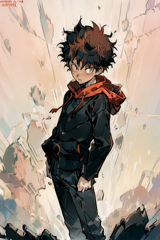 ((Masterpiece, Best Quality, 2d, anime)), (1 boy, Solo: 2), itadori, itadori_yuuji, black hair, red hoodie, open hoodie, hoodie off, blue eyes, Illustration, ragemode, wild hair, destruction,