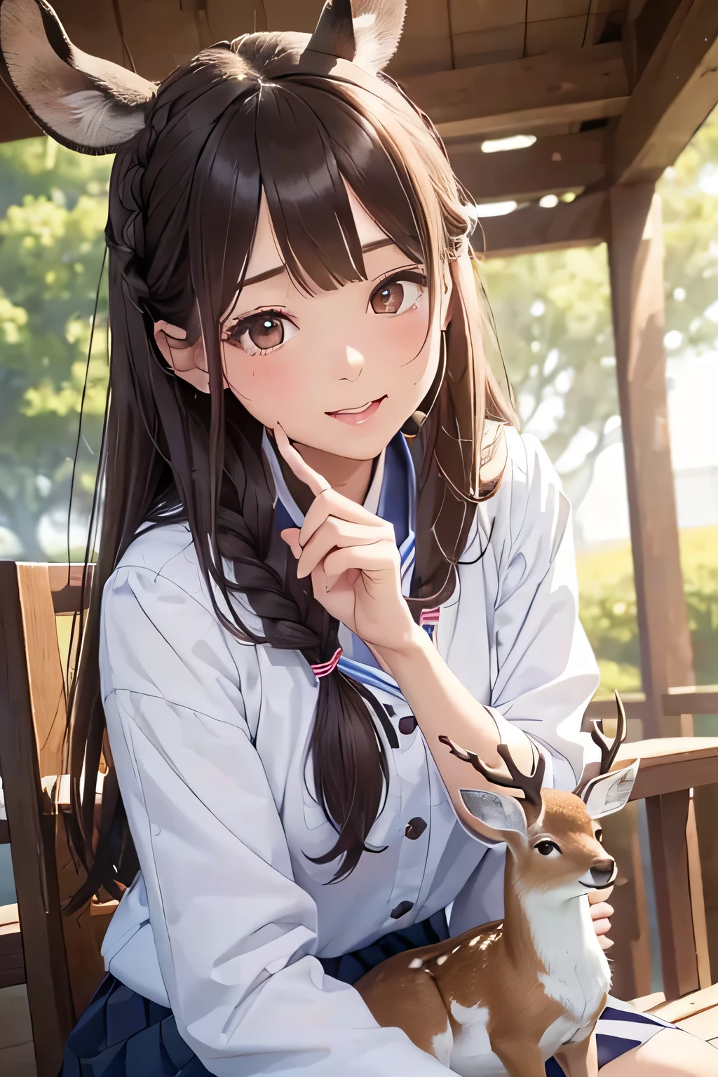 highest quality、High resolution、Detailed Background、(Beautiful face in every detail:1.4)、Anatomically correct、(Draw the usual number of fingers:1.2)、(Detailed facial expressions)、(Detailed eyes:1.2)、(Detailed eyes:1.2)、Beautiful, smooth skin、Teenage beauty、(Highly detailed face:1.4)、Brown Hair、Black Hair、Braided Bob、Braided Ponytail、Braided long hair、Wavy Hairstyle、well-groomed eyebrows、Perfect body line、White Sailor Suit、Light blue sailor collar、Checkered pleated skirt、School Cardigan、White Stockings、School trip、Nara Park、In a joking manner、A big smile、
(Three beautiful girls taking a selfie at Nara Park:1.5)、
Deer eating deer crackers and receiving food from the hand、
Posing with the deer with your friends will bring lots of smiles to your photos.、
Stretching out your hands with the deer and sitting side by side with them、
A deer comes up to me and strokes my head.、cute