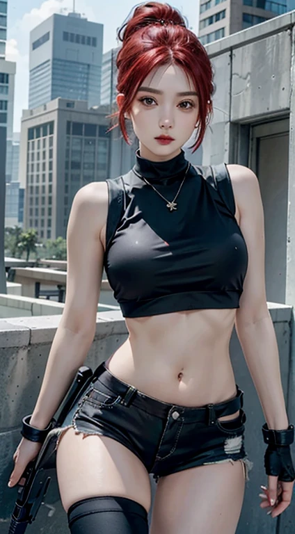 photorealistic, high resolution, 1women, solo, hips up, look at viewer, (detailed face), red hair, swat vest, gun, jewelry , short hair, ponytails, crop tops, belly tattoos, piercings, big 