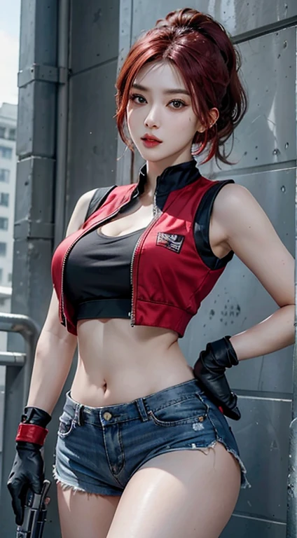photorealistic, high resolution, 1women, solo, hips up, look at viewer, (detailed face), red hair, swat vest, gun, jewelry , short hair, ponytails, crop tops, belly tattoos, piercings, big