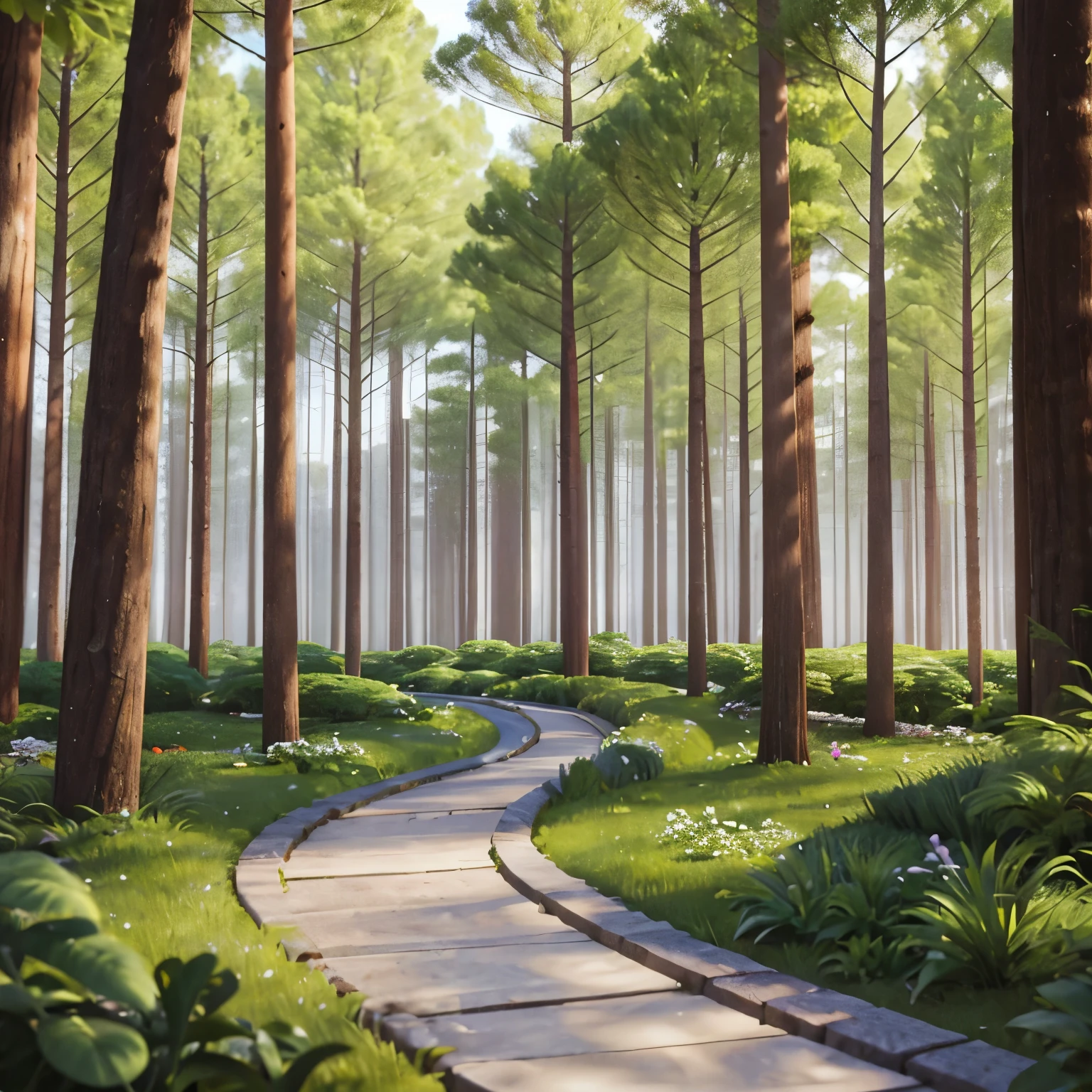 create a forest with a path in the middle going towards the horizon, simple design. Black and white 