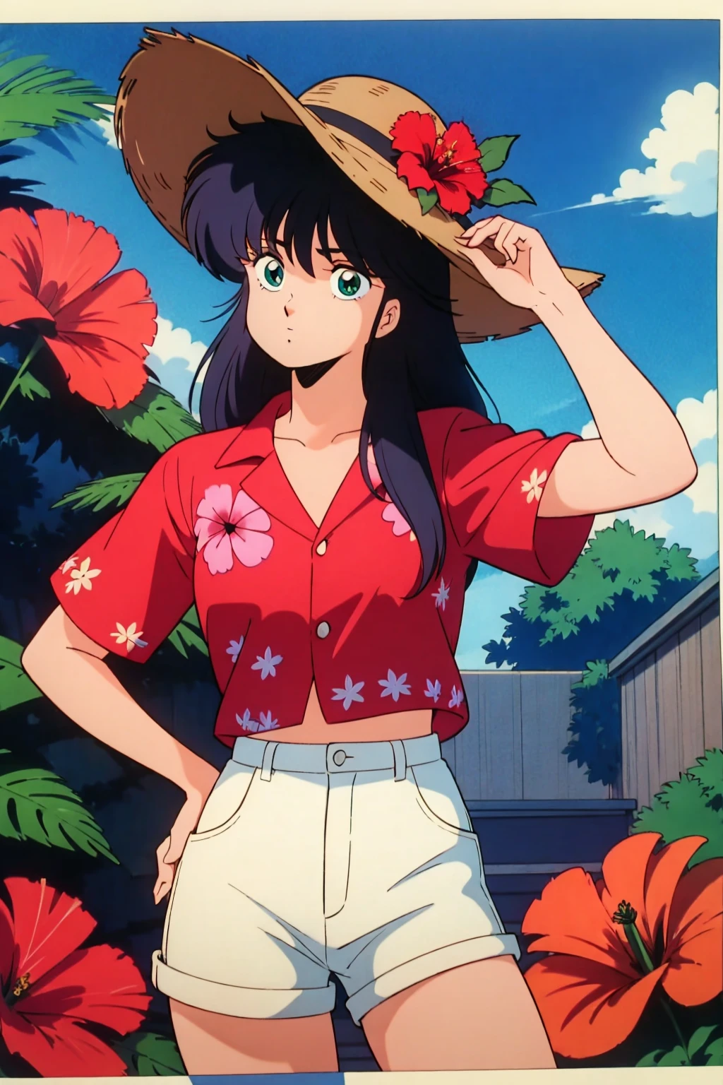 Madoka Ayukawa, ************, bangs, 1girl, masterpiece, highest quality, disorganized, retro artstyle, 1980s \(style\)))), look viewer, long hair, Woman wearing a straw hat standing on a steps, (((Bright red aloha shirt with hibiscus pattern))), (((white shortpants))), ************, bangs, blue longhair, 1girl, masterpiece, highest quality, disorganized, retro artstyle, 1980s \(style\)))),