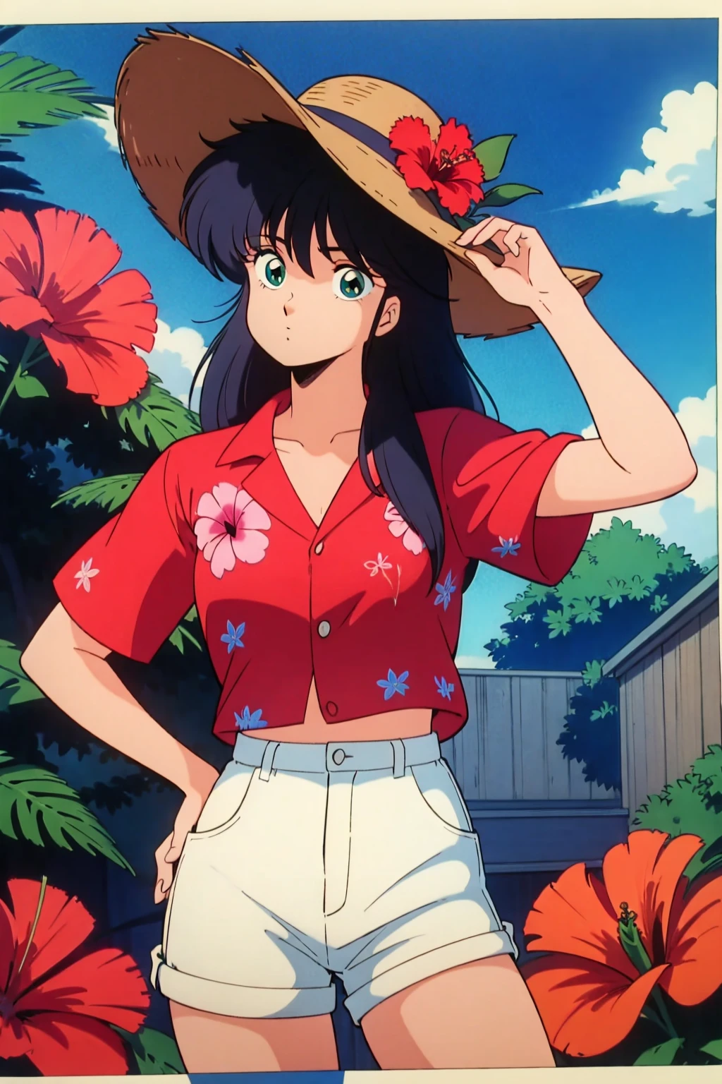 Madoka Ayukawa, 14 years old, bangs, 1girl, masterpiece, highest quality, disorganized, retro artstyle, 1980s \(style\)))), look viewer, long hair, Woman wearing a straw hat standing on a steps, (((Bright red aloha shirt with hibiscus pattern))), (((white shortpants))), 14 years old, bangs, blue longhair, 1girl, masterpiece, highest quality, disorganized, retro artstyle, 1980s \(style\)))),
