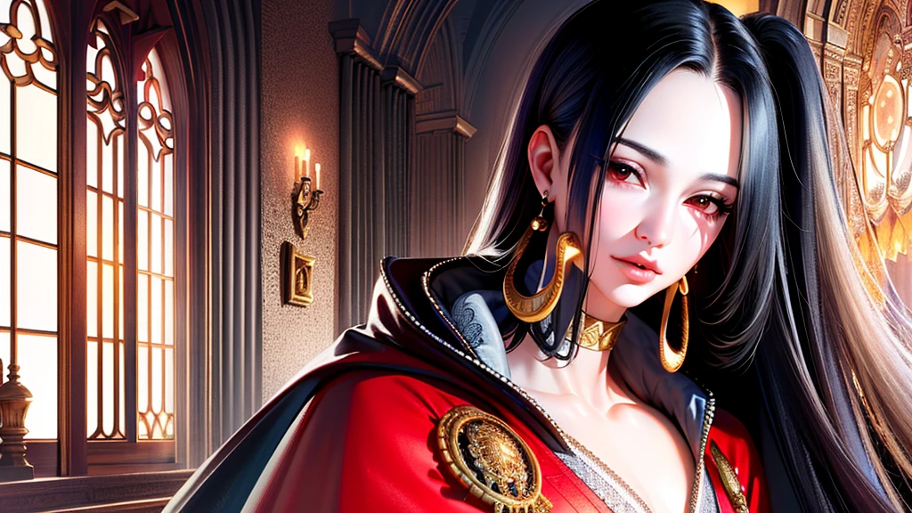 Ultra-realistic 8K CG, masterpiece, ((Very detailed背景, Delicate pattern, Intricate details, Very detailed, Top quality with attention to detail, Ultra detailed face)), (Realistic:1.4),Beautiful lighting, Absurd, RAW Photos, Film Grain, BoaHancockV2, 1peopleの女の子, 一peopleで, Black Hair, Long Hair, jewelry, Mouth closed, (((Medium chest, Slim girl))), (red Cape, Cape, dress, Iris, Earrings, Complex and detailed background, internal, Castle room environment, Medieval castle, Gray wall, window, Bookshelf), ((close, Portraiture)), 1people