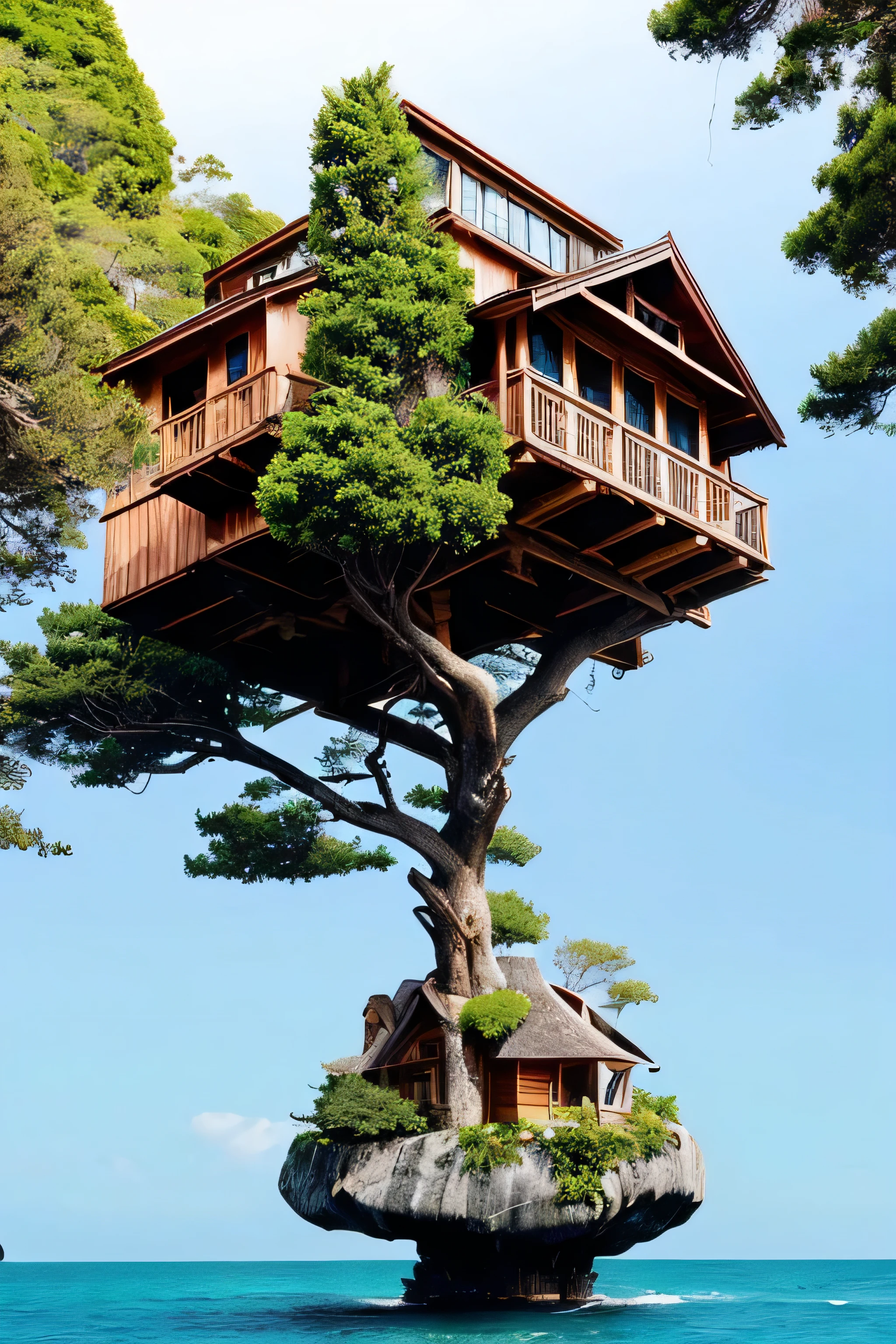 Perfection The Coolest tree house on a large rock in the middle of the sea with flowers in front of the house and trees on both sides of the house