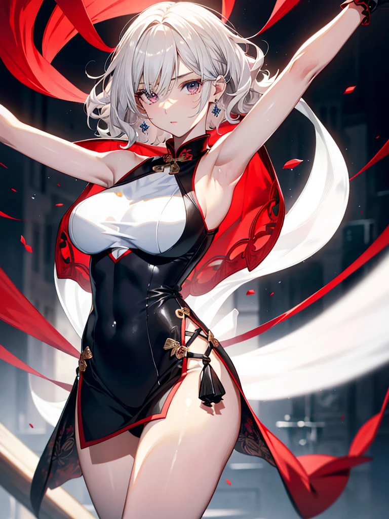 absurdres, RAW photo, extremely delicate and beautiful, masterpiece, Best Quality, ultra high resolution, 32k, hyperrealistic, ultra-detailed, perfect anatomy, anatomically correct, perfect figure, super Detailed skin, pale skin, 20 years old, very Slim body, narrow waist, very small head, very small face, delicate facial features, detailed face, detailed eyes, tearful mole, earring, thin legs, bare legs, (very huge round breasts), short medium hair, ((wavy hair)), wet clothes, (red and black cheongsam), sleeveless, White blonde hair,