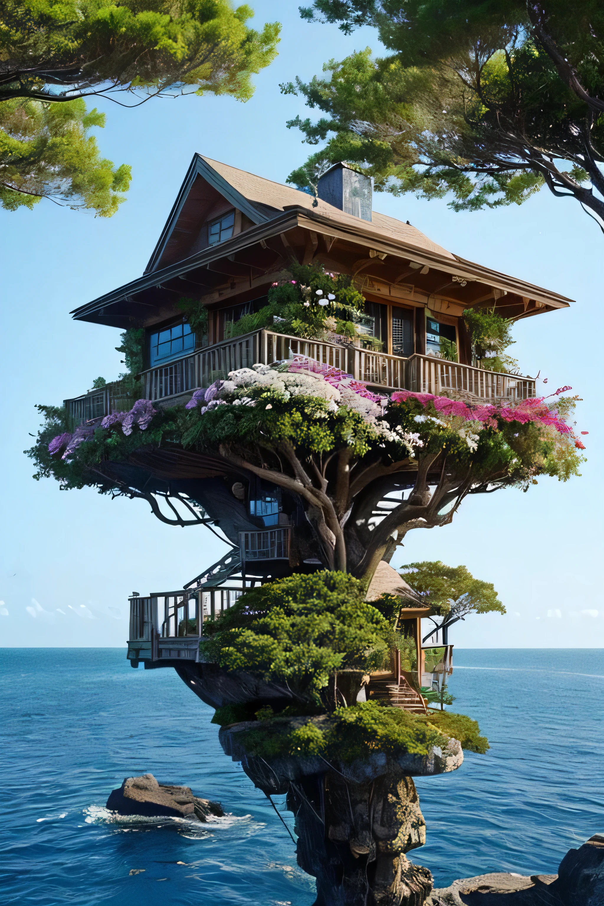 Perfection The Coolest tree house on a large rock in the middle of the sea with flowers in front of the house and trees on both sides of the house
