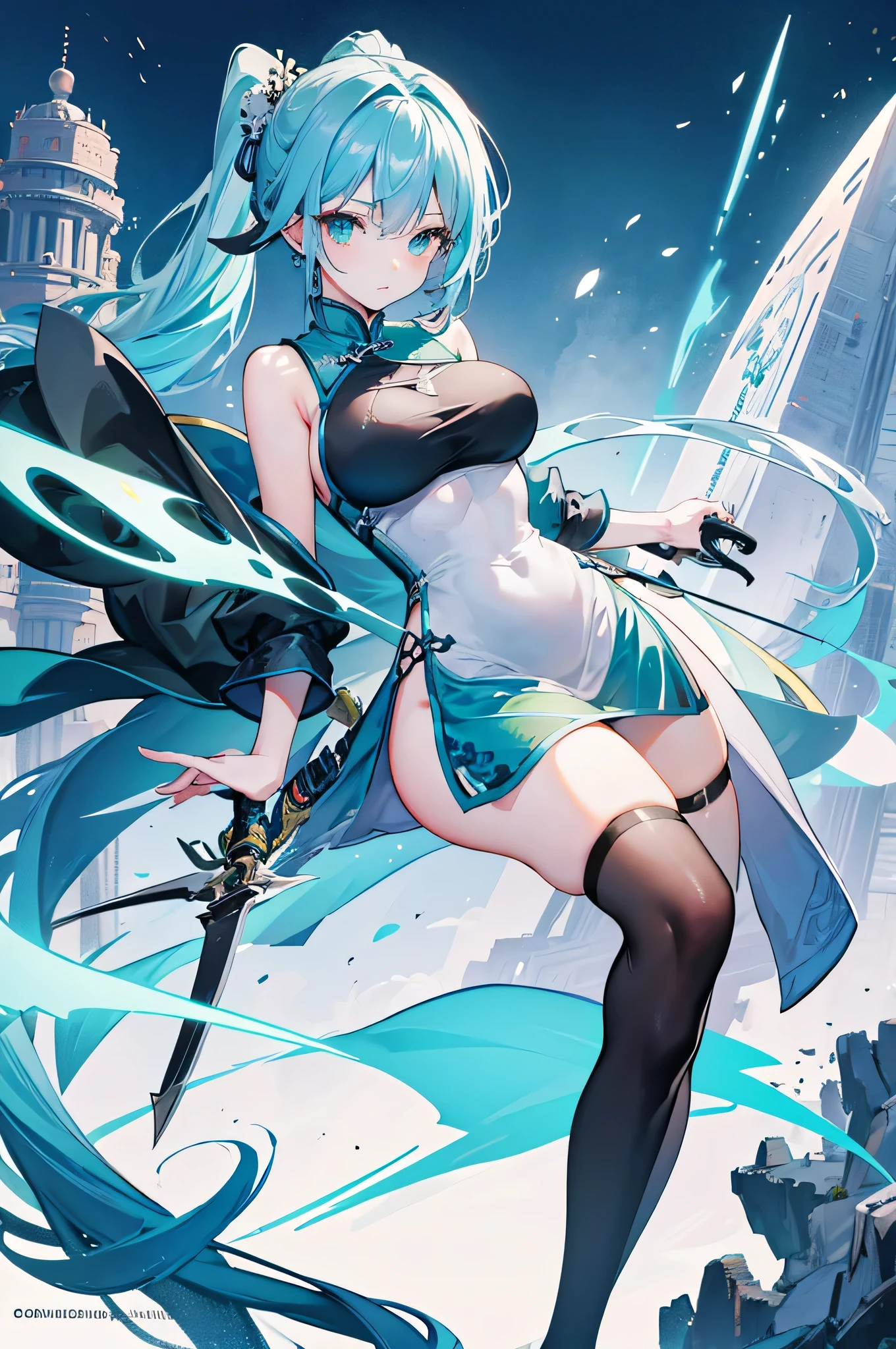 4k,High resolution,One Woman,Light blue hair,Long Ponytail,Bright green eyes,Big Breasts,Swordsman,China dress,Sideboob,Black Stockings,Chinese Knife,City of the Future