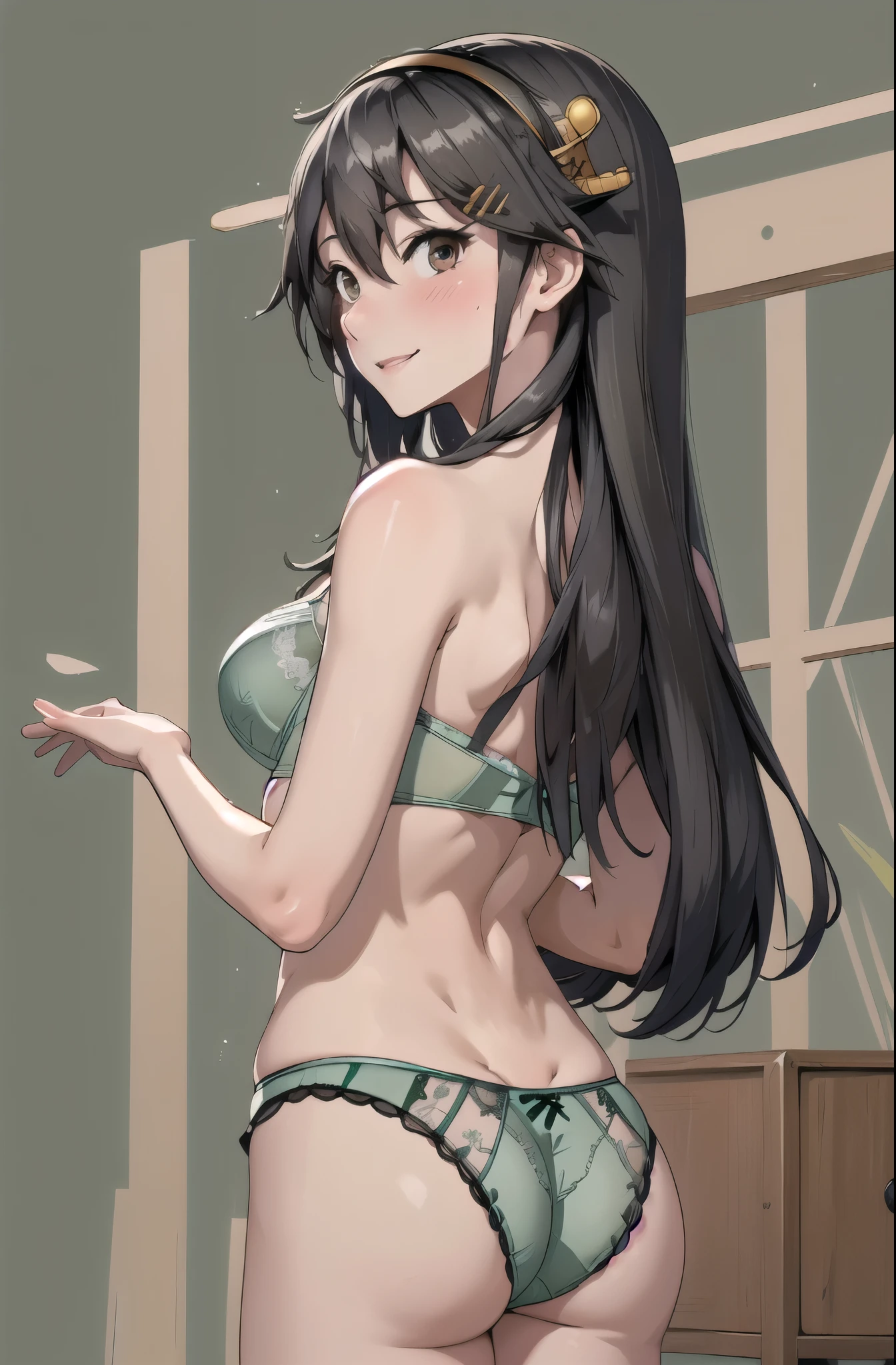 highest quality, masterpiece, High resolution, alone, {Aaron_Kantai Collection:1.15}, black_hair, length_hair, hair_ornament, hairband, Brown_eye, hairclip, blush, smile, headgear, chest, , hair_between_eye,, ((Office Background, Living Room Background))(Pastel Green Panties), (pastel green bra), (In underwear), (Flashy underwear), (lingerie), Fully nude, From behind