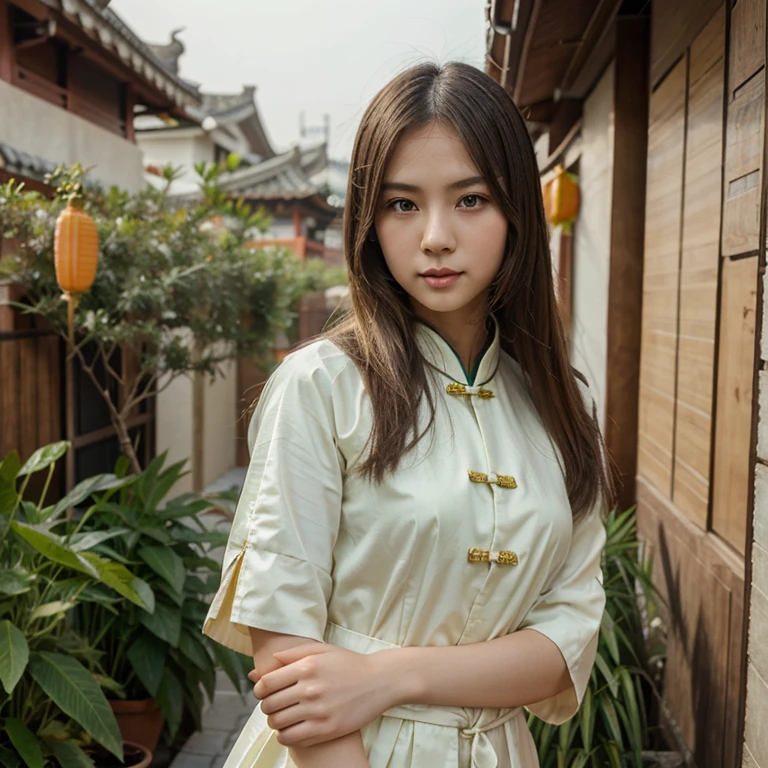 Asian white woman, early twenties, light green eyes, light brown straight hair, slim, traditional chinese clothing