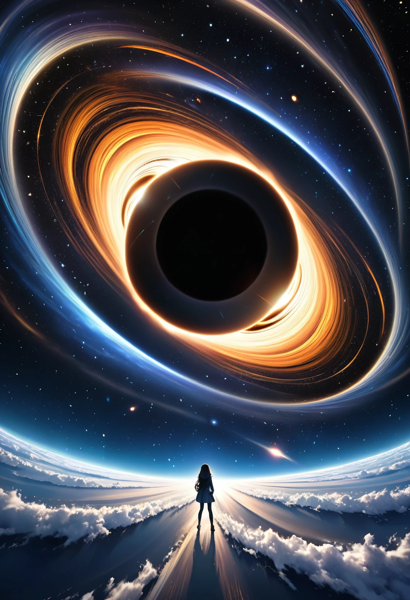 ((realistic simulation of a black hole))Parallel universe that stretches infinitely forward and infinitely backward, expansive singularity, infinite towards the past and infinite towards the future, curved space time, orisonte of events, moment of time, shocking, impressive, epic, impossible images, masterpiece of creation