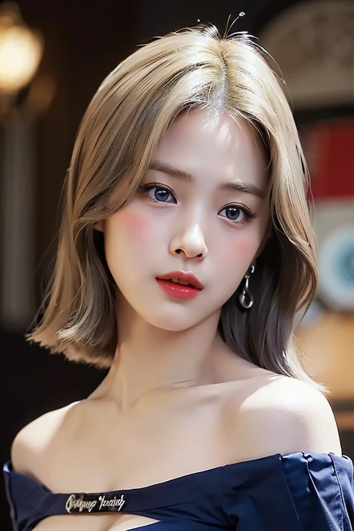 highest quality、masterpiece、超A high resolution、(Realistic:1.4)、RAW Photos、One Girl、blonde、blue eyes、Eye and facial details、((Off the shoulder、Too much exposed skin、Emphasize cleavage))