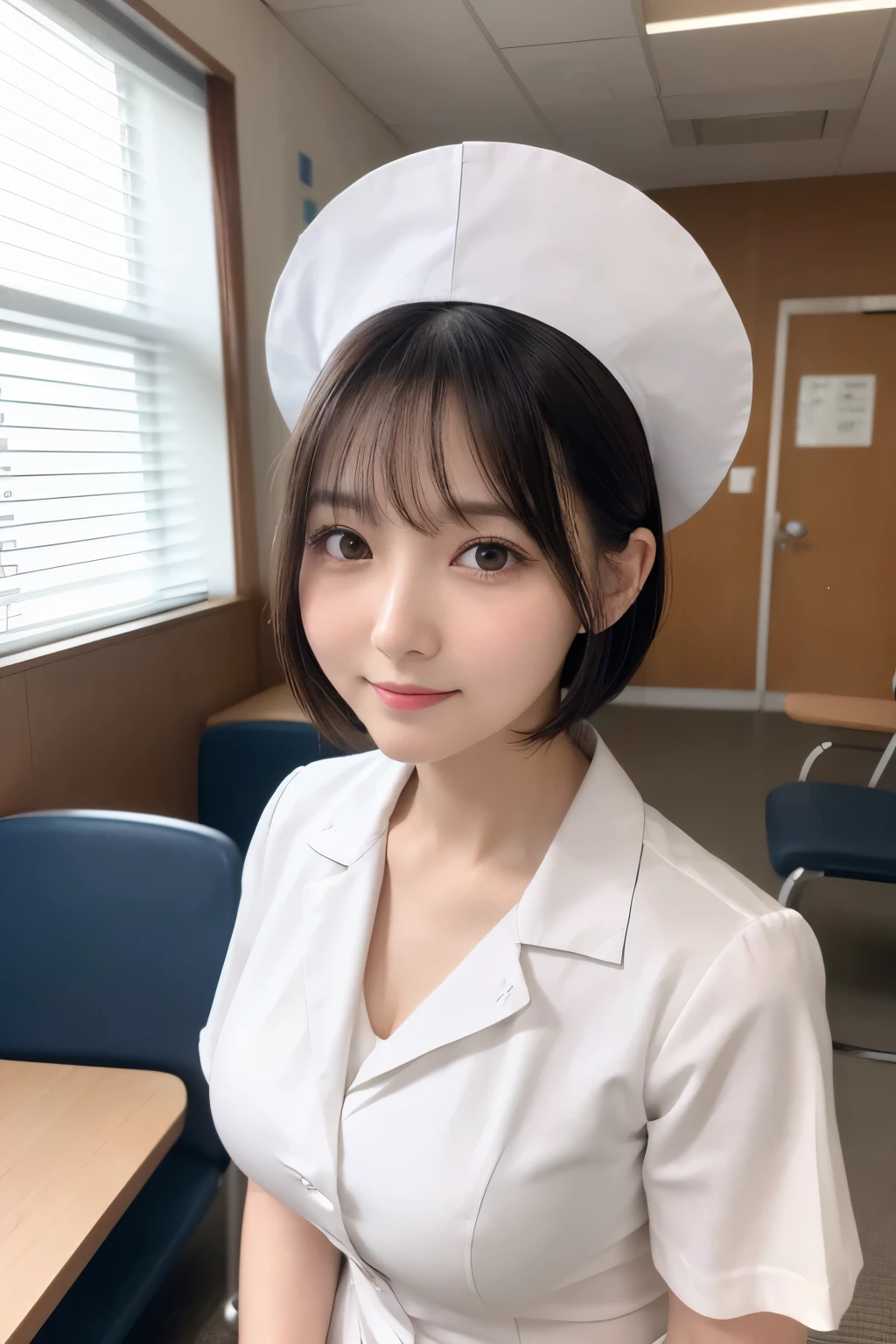 (1 Girl)、(Beautiful Japanese、18years old,round face、Refreshing、clear、seems kind、stylish、Pitiful、cute like an angel、cute、black eyes、,actress,Almond-shaped eyes), Good style , (Beautiful big breasts:1.2),(soft breasts),(very cute),(Black hair),(short bob hair),(enchanting eyes),(highlight on eyes:1.2)、(8K、Live shooting、highest quality、masterpiece:1.2、optimal lighting)、((masterpiece)),(Photo taken by a professional photographer),(real、photo real:1.4),break,{ (White nurse costume),(((taraditional nurse uniform))),(White nurse mini skirt),((White pantyhose)),(cleavage:1.2)},(Smile),(cheeks are red:1.2), break, break,Hospital,Face shot:1.3、Hospital waiting room、Looking at viewer, face close-up,Dynamic angle,Back view