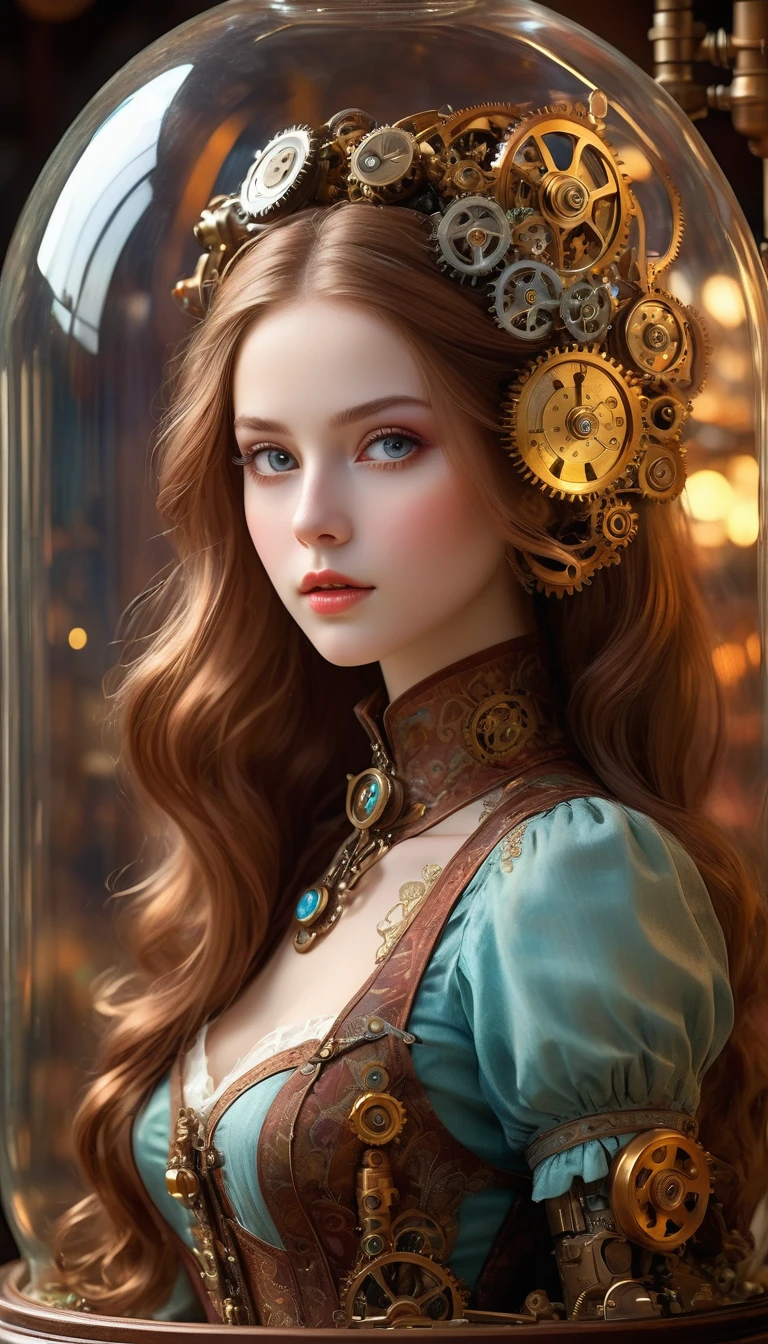 A mechanical girl inside a bottle, detailed mechanical parts, intricate gears and cogs, delicate mechanisms, elaborate costumes, vintage atmosphere, soft lighting, antique glass display, steampunk style, whimsical and fantastical, vibrant color tones, fine craftsmanship, high-res illustrations, masterful attention to detail, ethereal and otherworldly, captivating eyes, porcelain skin, long flowing hair, exuding a sense of mystery and elegance. (best quality, 4k, highres, masterpiece:1.2), ultra-detailed, photorealistic:1.37, HDR, studio lighting, bokeh.