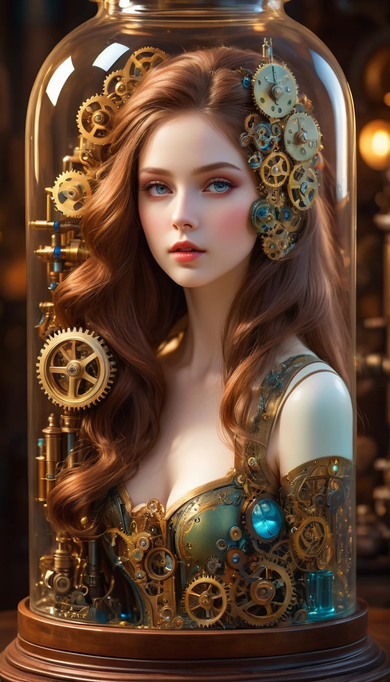 A mechanical girl inside a bottle, detailed mechanical parts, intricate gears and cogs, delicate mechanisms, elaborate costumes, vintage atmosphere, soft lighting, antique glass display, steampunk style, whimsical and fantastical, vibrant color tones, fine craftsmanship, high-res illustrations, masterful attention to detail, ethereal and otherworldly, captivating eyes, porcelain skin, long flowing hair, exuding a sense of mystery and elegance. (best quality, 4k, highres, masterpiece:1.2), ultra-detailed, photorealistic:1.37, HDR, studio lighting, bokeh.