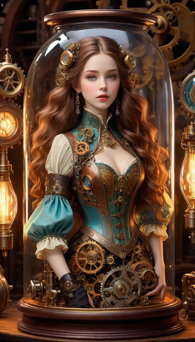 A mechanical girl inside a bottle, detailed mechanical parts, intricate gears and cogs, delicate mechanisms, elaborate costumes, vintage atmosphere, soft lighting, antique glass display, steampunk style, whimsical and fantastical, vibrant color tones, fine craftsmanship, high-res illustrations, masterful attention to detail, ethereal and otherworldly, captivating eyes, porcelain skin, long flowing hair, exuding a sense of mystery and elegance. (best quality, 4k, highres, masterpiece:1.2), ultra-detailed, photorealistic:1.37, HDR, studio lighting, bokeh.