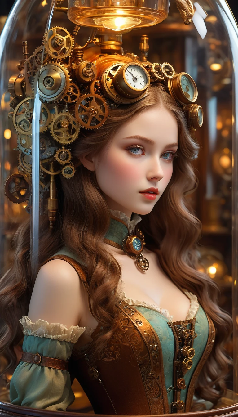 A mechanical girl inside a bottle, detailed mechanical parts, intricate gears and cogs, delicate mechanisms, elaborate costumes, vintage atmosphere, soft lighting, antique glass display, steampunk style, whimsical and fantastical, vibrant color tones, fine craftsmanship, high-res illustrations, masterful attention to detail, ethereal and otherworldly, captivating eyes, porcelain skin, long flowing hair, exuding a sense of mystery and elegance. (best quality, 4k, highres, masterpiece:1.2), ultra-detailed, photorealistic:1.37, HDR, studio lighting, bokeh.