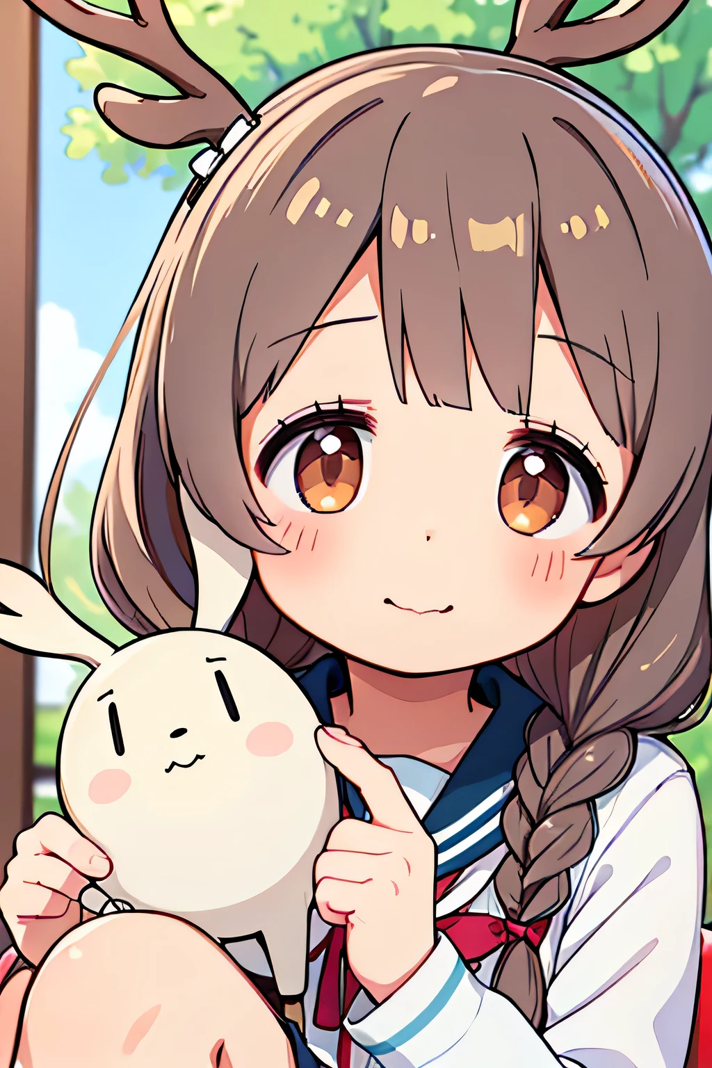 highest quality、High resolution、Detailed Background、(Beautiful face in every detail:1.4)、Anatomically correct、(Draw the usual number of fingers:1.2)、(Detailed facial expressions)、(Detailed eyes:1.2)、(Detailed eyes:1.2)、Beautiful, smooth skin、age beauty、(Highly detailed face:1.4)、Brown Hair、Black Hair、Braided Bob、Braided Ponytail、Braided long hair、Wavy Hairstyle、well-groomed eyebrows、Perfect body line、White Sailor Suit、Light blue sailor collar、Checkered pleated skirt、School Cardigan、White Stockings、School trip、Nara Park、In a joking manner、A big smile、
(Three beautiful girls taking a selfie at Nara Park:1.5)、
Deer eating deer crackers and receiving food from the hand、
Posing with the deer with your friends will bring lots of smiles to your photos.、
Stretching out your hands with the deer and sitting side by side with them、
A deer comes up to me and strokes my head.、cute