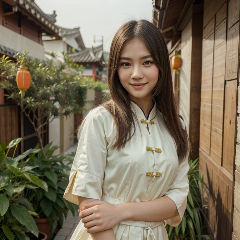 Asian white woman, early twenties, light green eyes, light brown straight hair, slim, traditional chinese clothing, smiling, realistic
