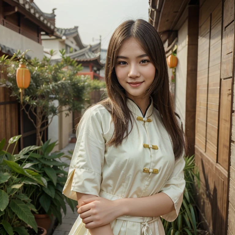 Asian white woman, early twenties, light green eyes, light brown straight hair, slim, traditional chinese clothing, smiling, realistic
