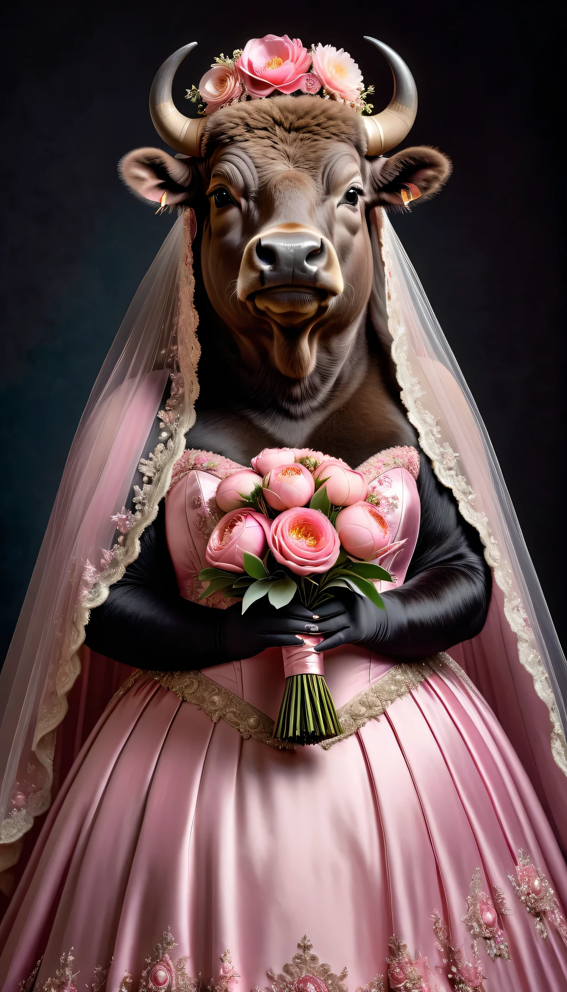 photorealistic portrait of Dressed animals - a ((fat)) buffalo bride,(elegant pose),(closed mouth),(furry), high quality,(lovely) ,intricate details, highly detailed (gothic pink wedding dress)),wearing opera globes ,wearing highly detailed veil, highly detailed decorations ,holding flower bouquet, (happy), studio lighting,()