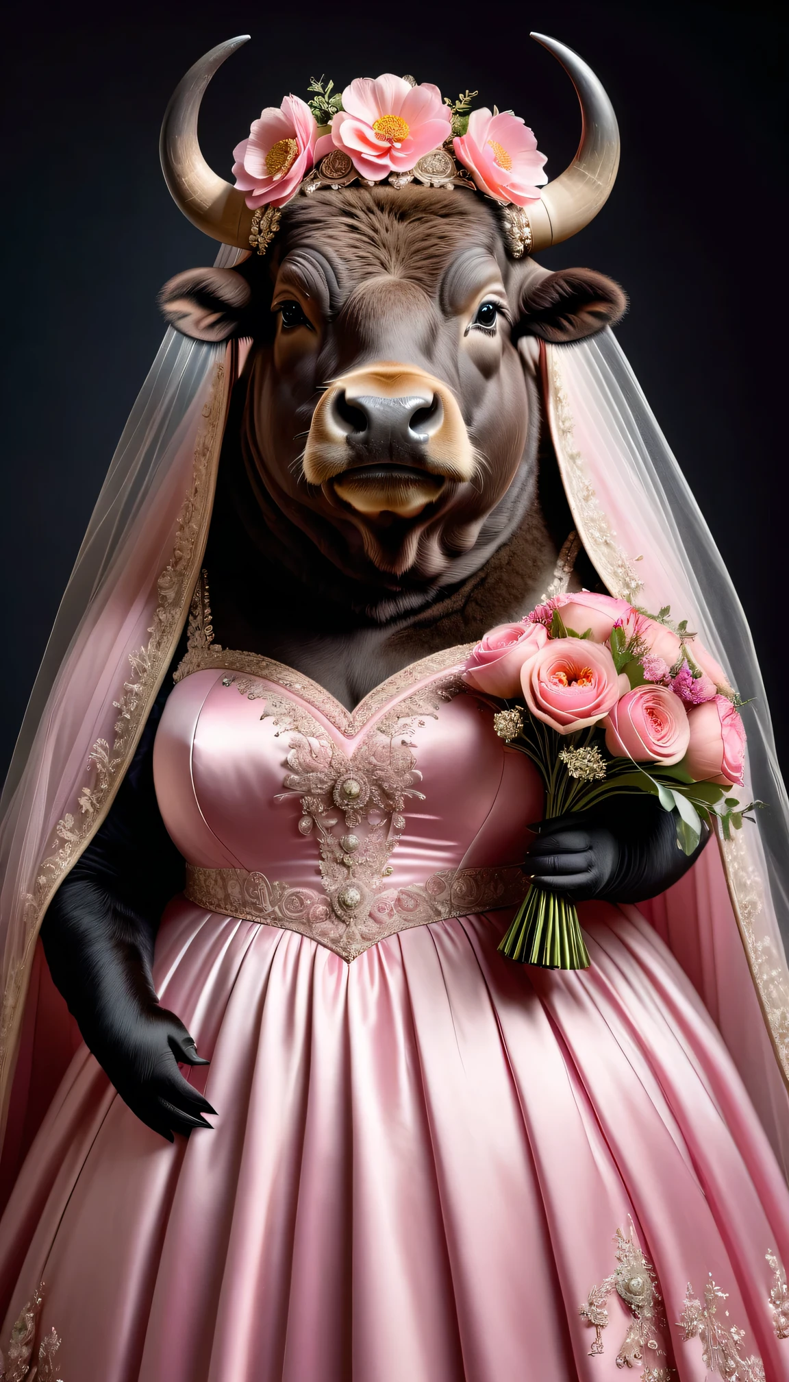 photorealistic portrait of Dressed animals - a ((fat)) buffalo bride,(elegant pose),(closed mouth),(furry), high quality,(lovely) ,intricate details, highly detailed (gothic pink wedding dress)),wearing opera globes ,wearing highly detailed veil, highly detailed decorations ,holding flower bouquet, (happy), studio lighting,()