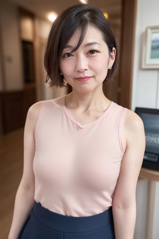 ((Japanese Mature)), ((55 years old:1.4)), ((old woman:1.3)), (((Small breasts))), Beautiful breasts, Detailed eyes and face, Long eyelashes, Beautiful Lips, Feel the warmth and elegance, There are fine wrinkles, A light smile, Mystical Eyes, Expressive eyes, Beautiful Skin, A look full of experience and knowledge, A graceful and confident demeanor, Tank top, Tight Skirt, Beautiful hair ornaments, Pale pink cheeks, Soft Light, Pale pink walls, High quality photos, Vibrant colors, Bokeh effect, Delicate depiction, whole body, short hair, Low Ponytail, Pink lipstick,