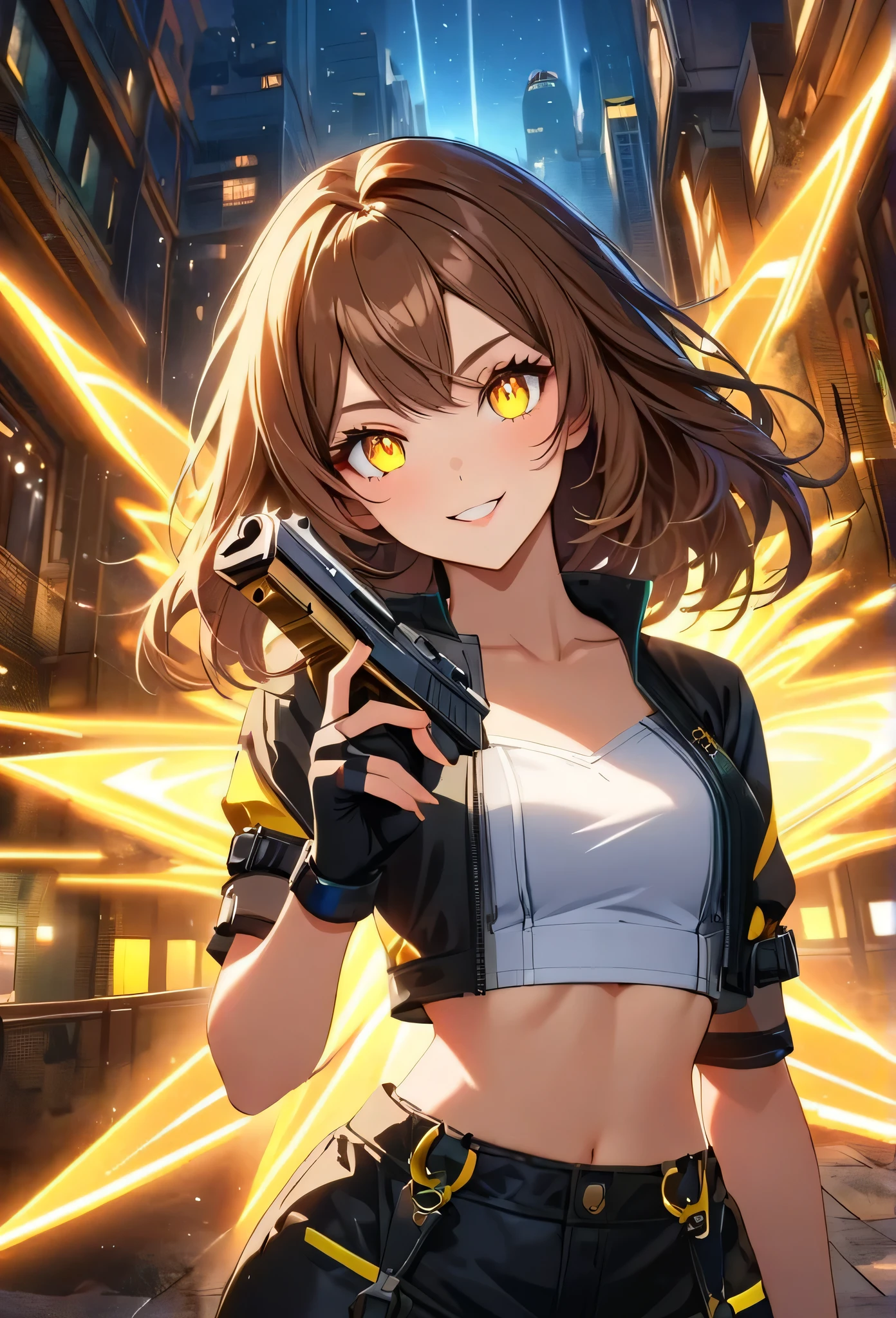 short and amazing hair styles, gorgeous woman, brown hair ,yellow glowing eyes, perfect lips, elegant smile , confident smile, standing, cute expression, cute face, fingerless gloves, gun, cropped shirt, elegant pose, ultra detailed face, long eyelashes, sharp eyes , Fullbody shot, night sky , dinamic point of view, diferents point of view, top of building
