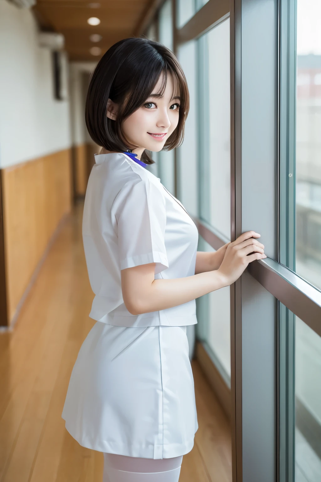 (1 Girl)、(Beautiful Japanese、18years old,round face、Refreshing、clear、seems kind、stylish、Pitiful、cute like an angel、cute、black eyes、,actress,Almond-shaped eyes), Good style , (Beautiful big breasts:1.2),(soft breasts),(very cute),(Black hair),(short bob hair),(enchanting eyes),(highlight on eyes:1.2)、(8K、Live shooting、highest quality、masterpiece:1.2、optimal lighting)、((masterpiece)),(Photo taken by a professional photographer),(real、photo real:1.4),break,{ (White nurse costume),(((taraditional nurse uniform))),(White nurse mini skirt),((White pantyhose)),(cleavage:1.2)},(Smile),(cheeks are red:1.2), break, break,Hospital,Back view、Hospital corridor, ,Dynamic angle,