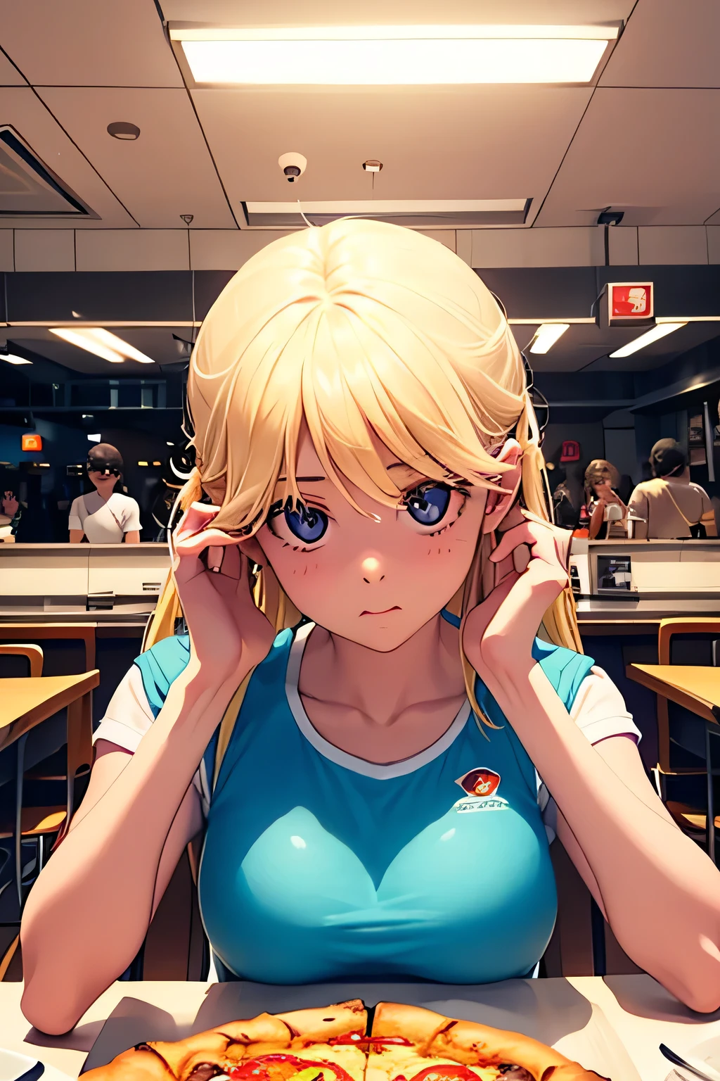 the pizza is in my head inside a cafeteria, utilizando la regla de los 3 tercios de fotografia para colocar al personaje, chica comiendo pizza medio cuerpo