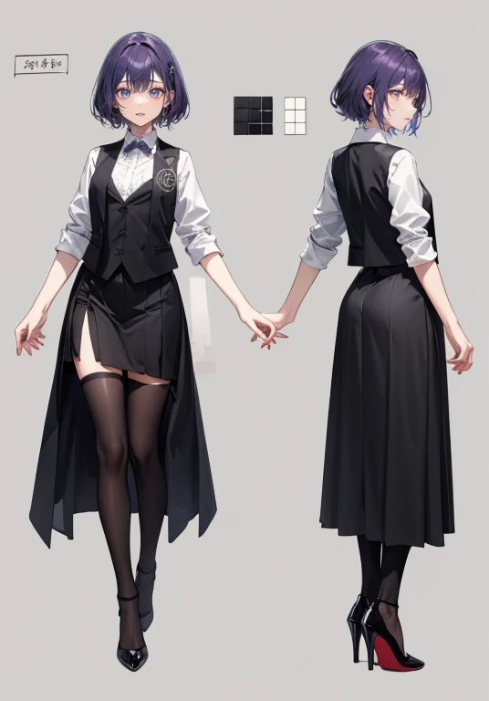 ((Perfect Face)),Purple Hair,short hair,1 female,A shirt with rolled up sleeves,,Black vest,skirt,slit,High heels,((Simple light color background)),((smile)),((Full Body)),((full body)),Portraits,Character Sheet,upright,expensive