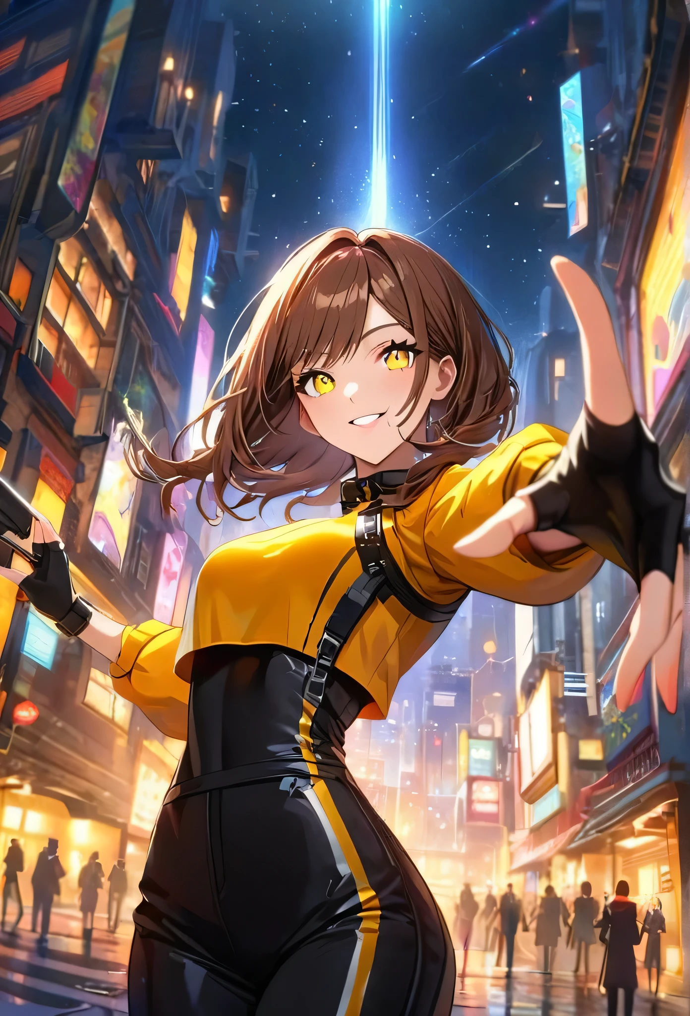 short and amazing hair styles, gorgeous woman, brown hair ,yellow glowing eyes, perfect lips, elegant smile , confident smile, standing, cute expression, cute face, fingerless gloves, gun, cropped shirt, elegant pose, ultra detailed face, long eyelashes, sharp eyes , Fullbody shot, night sky , dinamic point of view, diferents point of view, top of building